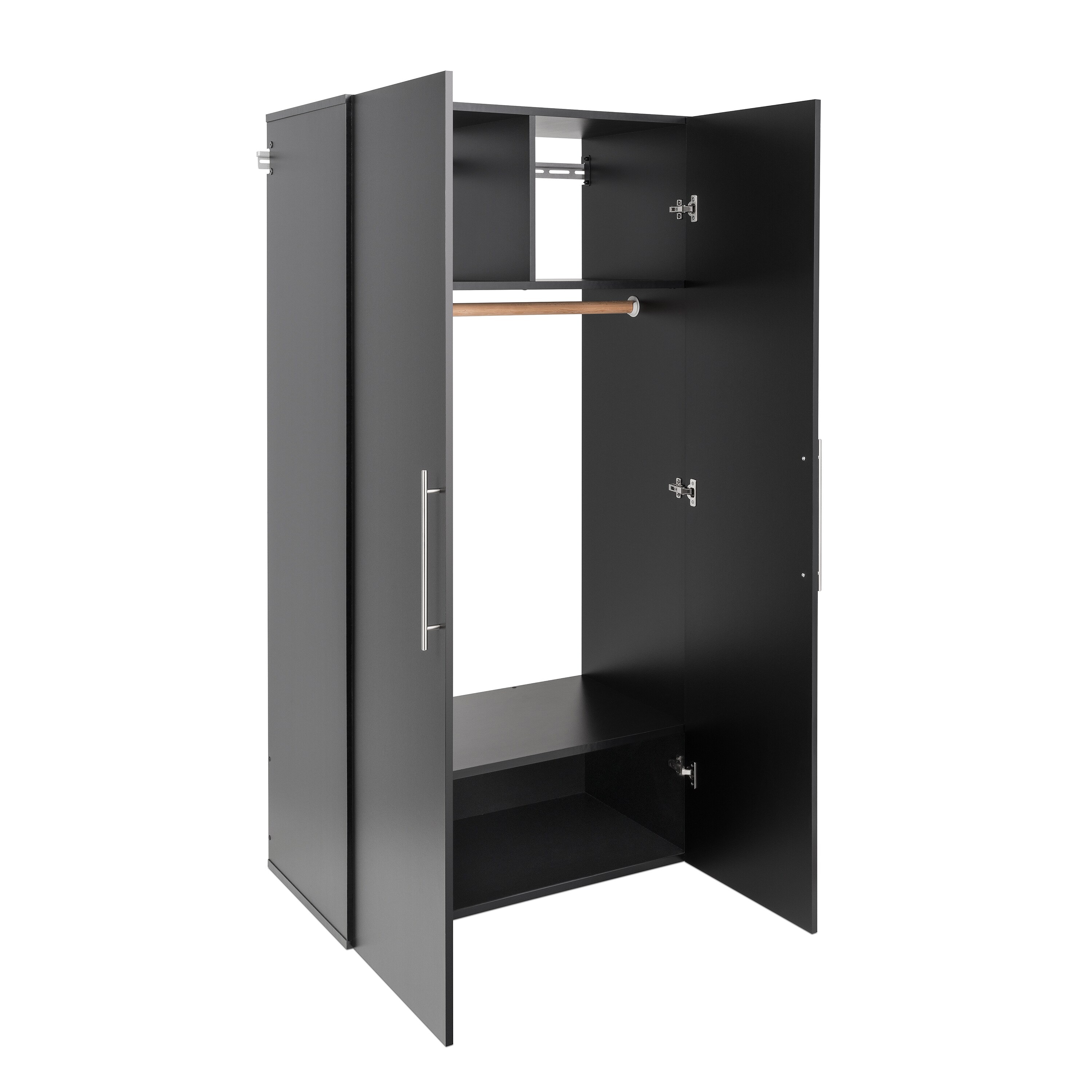 Gabinete de almacenamiento utilitario montado en la pared de madera compuesta negra de 36 pulg. de ancho x 72 pulg. de alto HangUps de Prepac