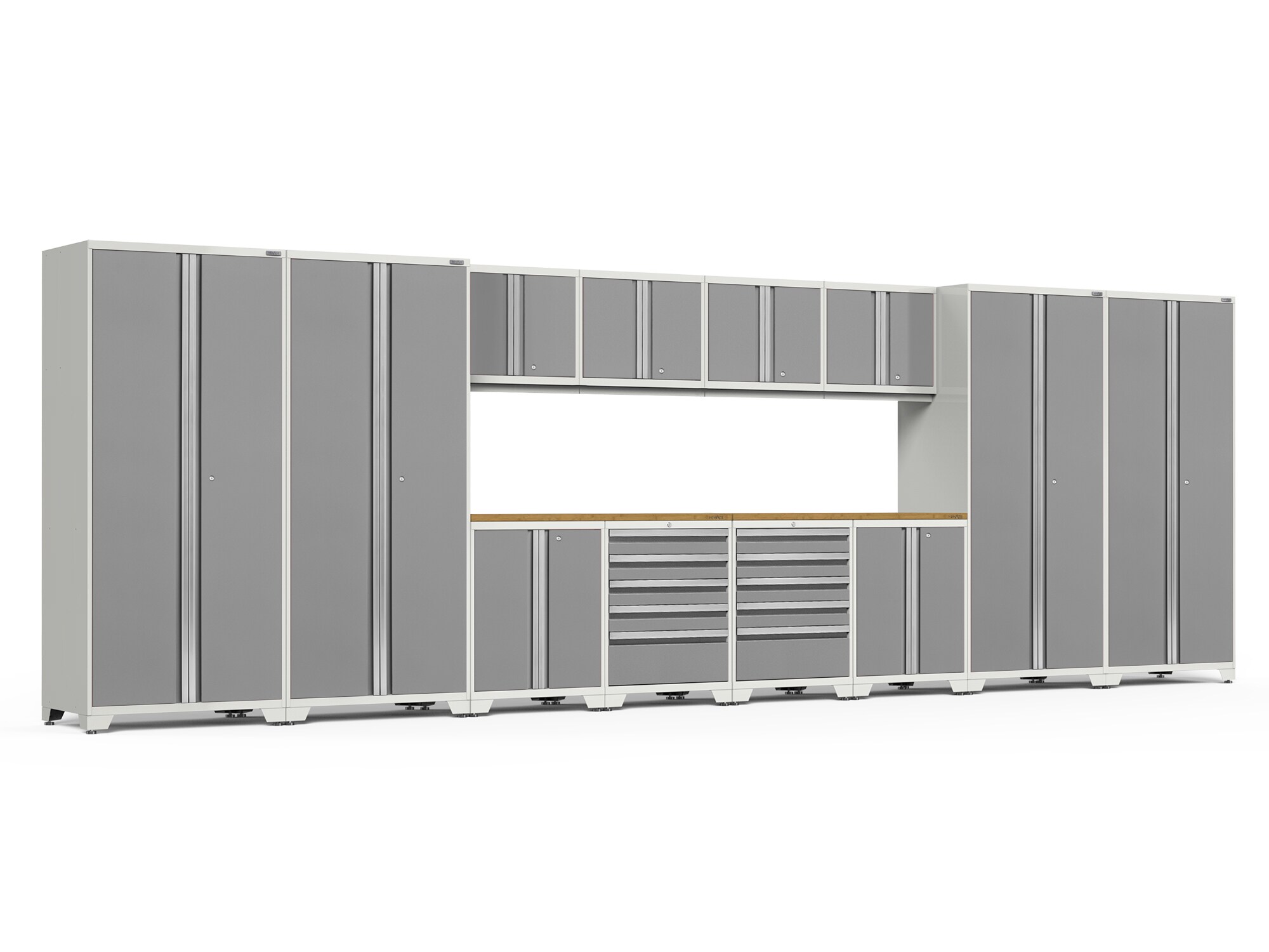 Sistema de almacenamiento para garaje de acero platino con 12 gabinetes - 256 pulgadas de ancho x 84.75 pulgadas de alto x 24 pulgadas de profundidad.