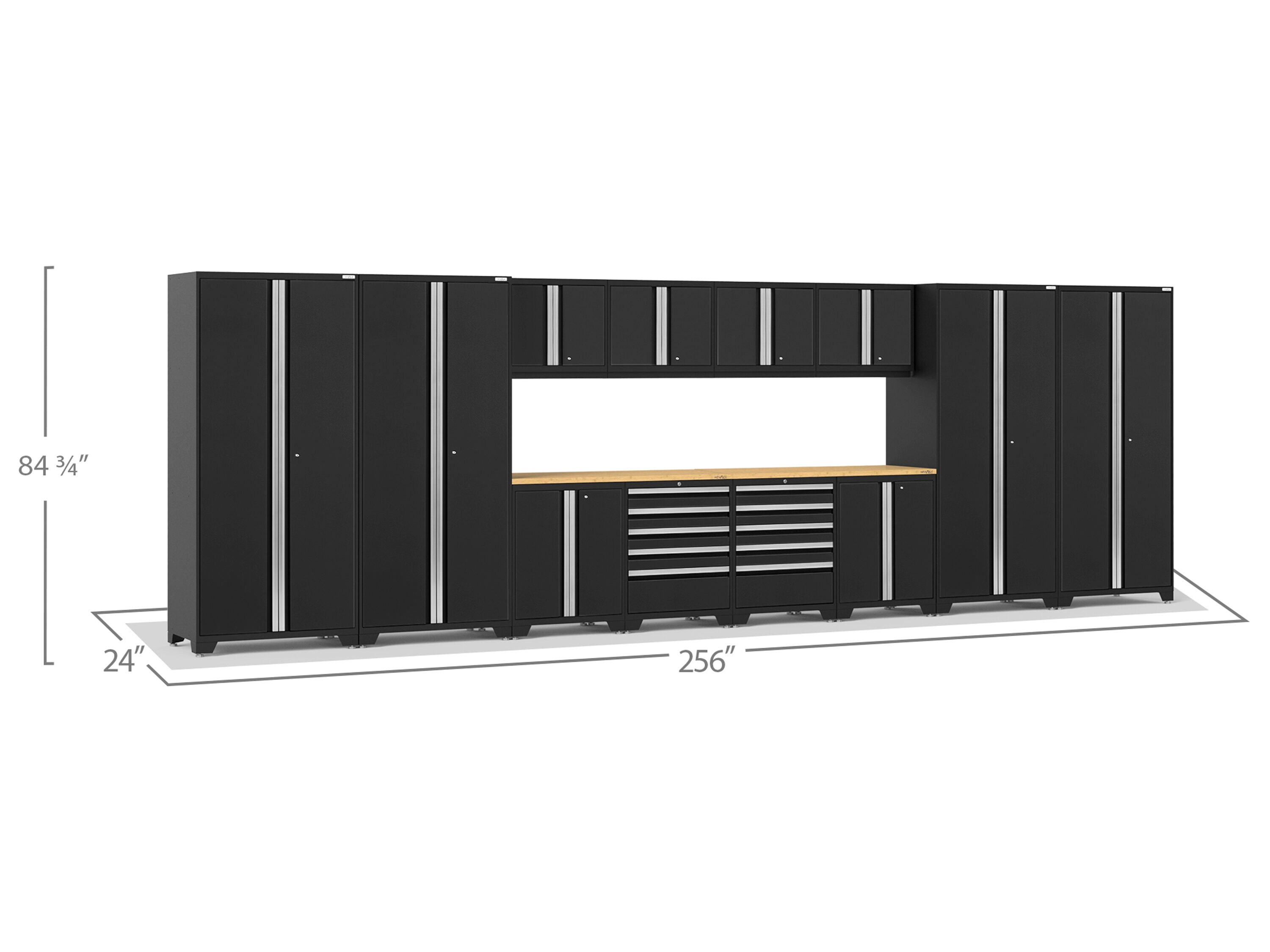 Sistema de almacenamiento para garaje de acero platino con 12 gabinetes - 256 pulgadas de ancho x 84.75 pulgadas de alto x 24 pulgadas de profundidad.