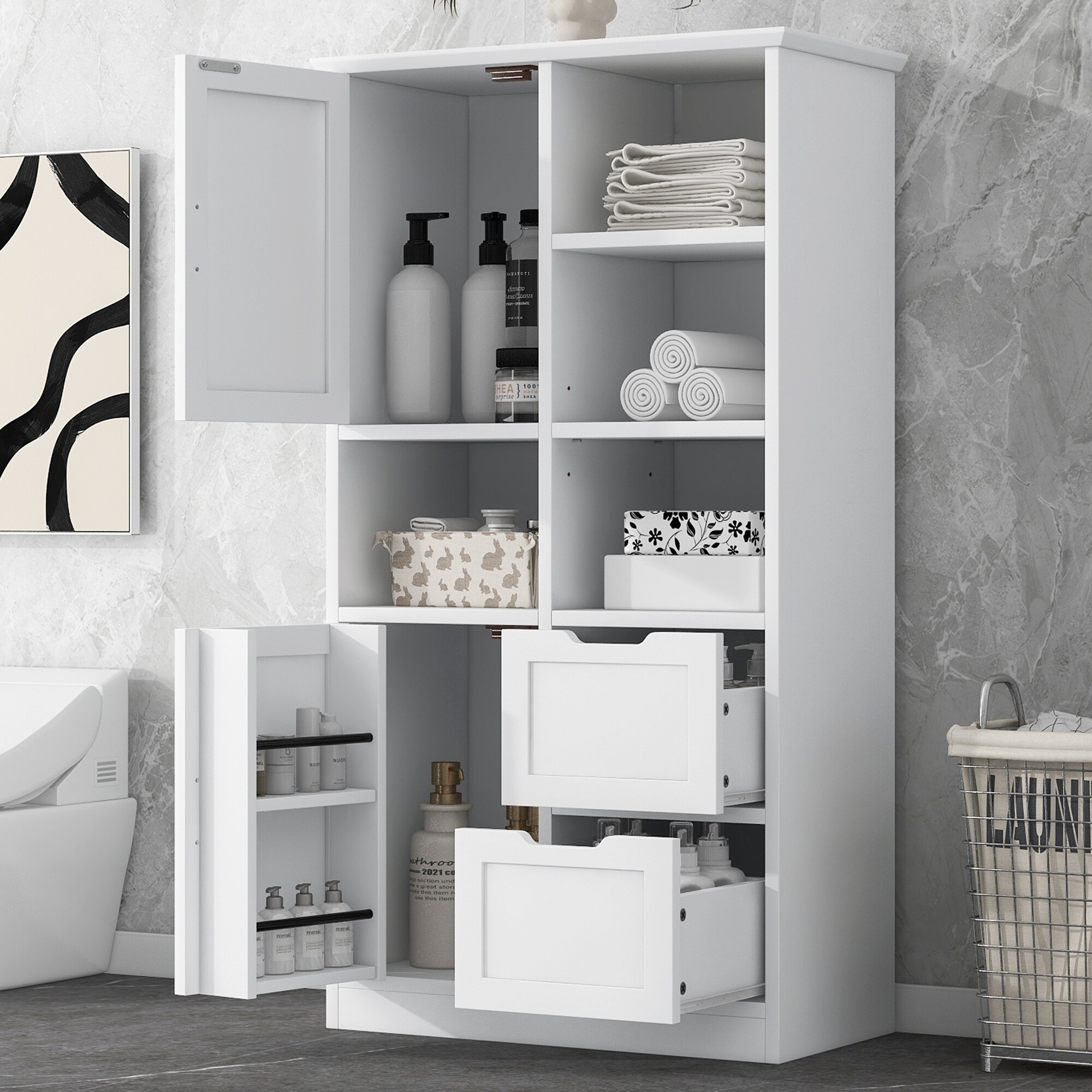 Gabinete de Almacenamiento Utilitario blanco de MDF Siavonce de 16 pulgadas de ancho x 62 pulgadas de alto, para montaje en pared o de pie.