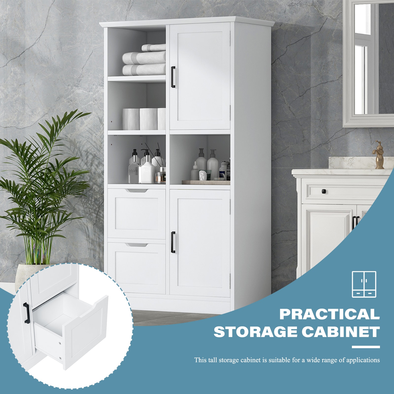 Gabinete de Almacenamiento Utilitario blanco de MDF Siavonce de 16 pulgadas de ancho x 62 pulgadas de alto, para montaje en pared o de pie.