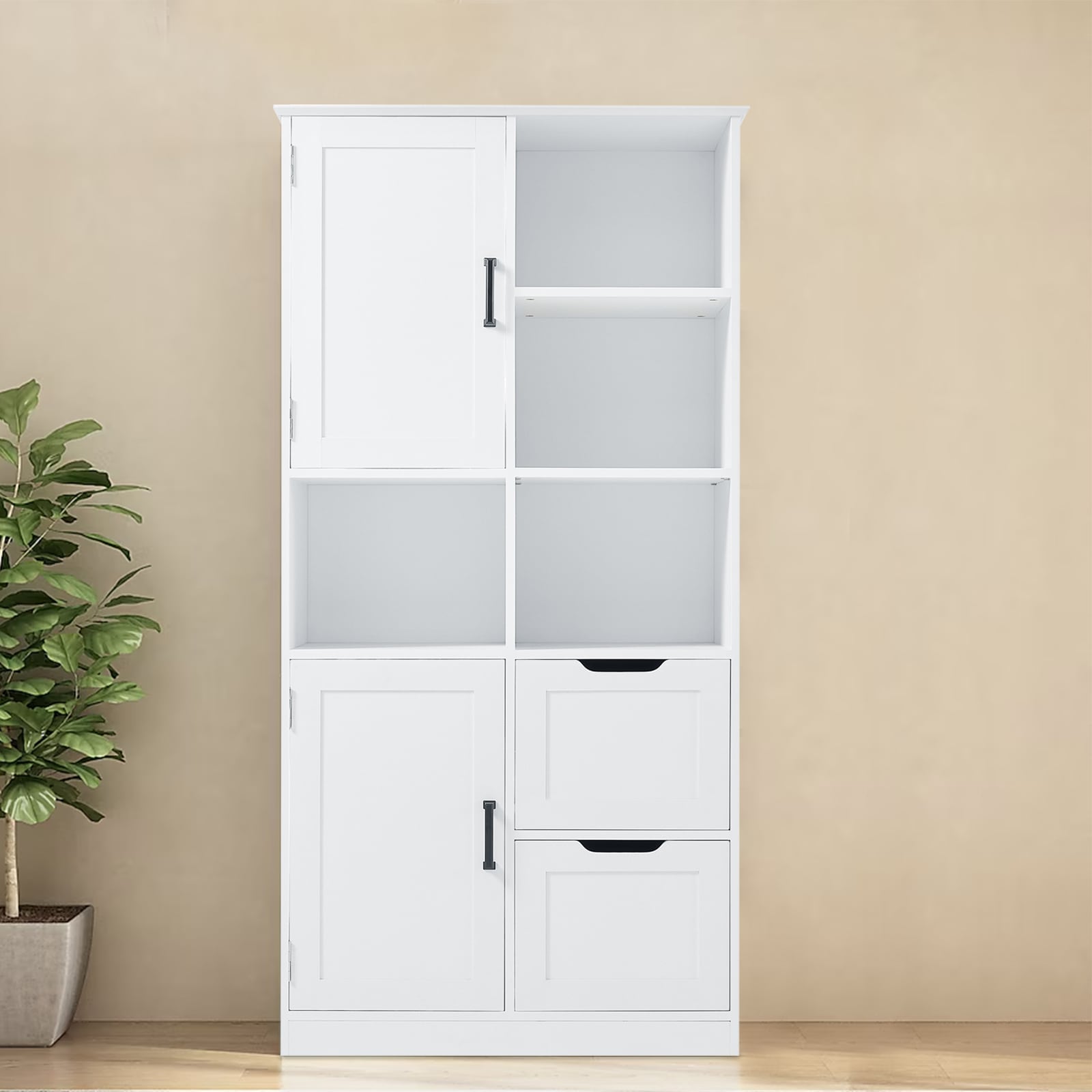 Gabinete de Almacenamiento Utilitario blanco de MDF Siavonce de 16 pulgadas de ancho x 62 pulgadas de alto, para montaje en pared o de pie.