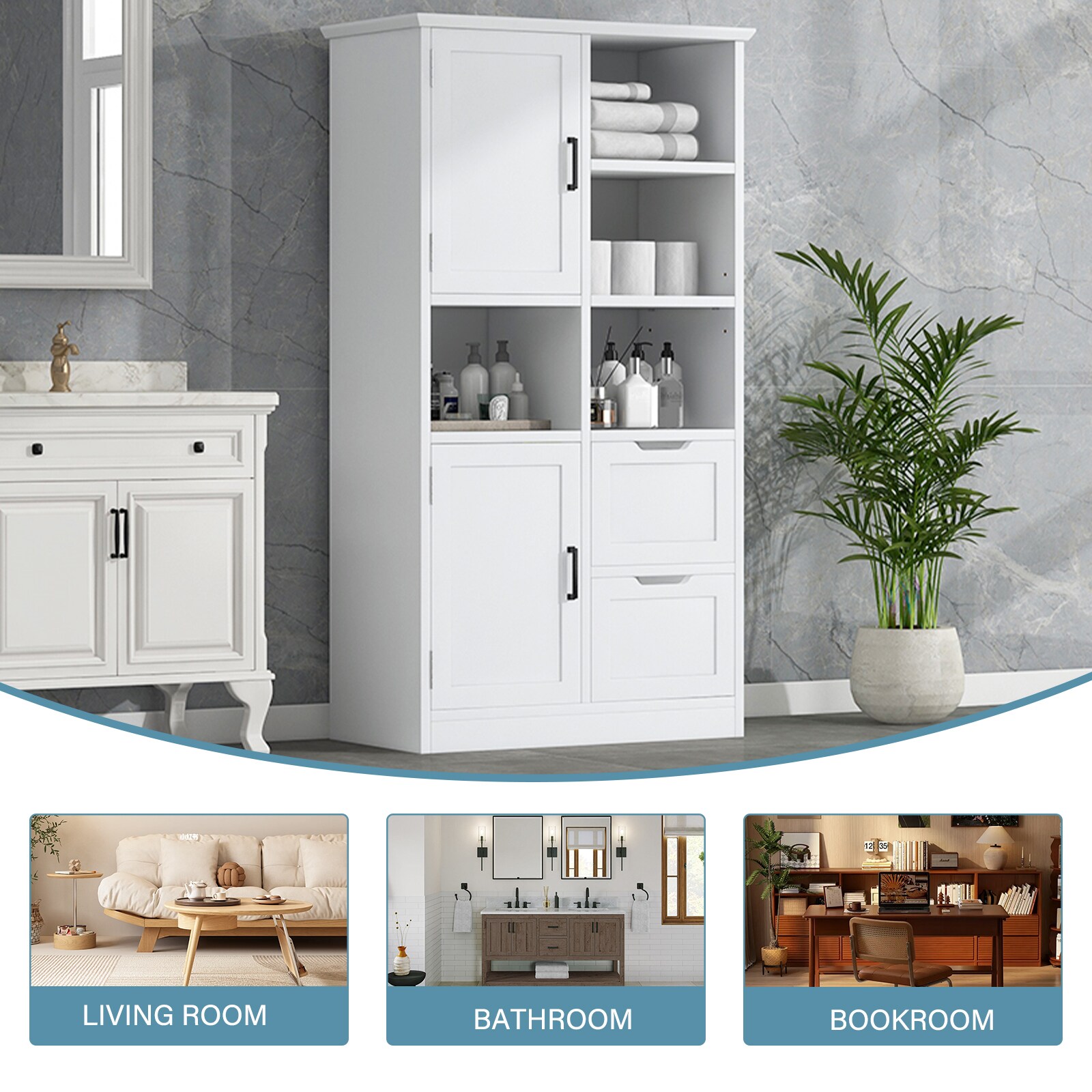 Gabinete de Almacenamiento Utilitario blanco de MDF Siavonce de 16 pulgadas de ancho x 62 pulgadas de alto, para montaje en pared o de pie.