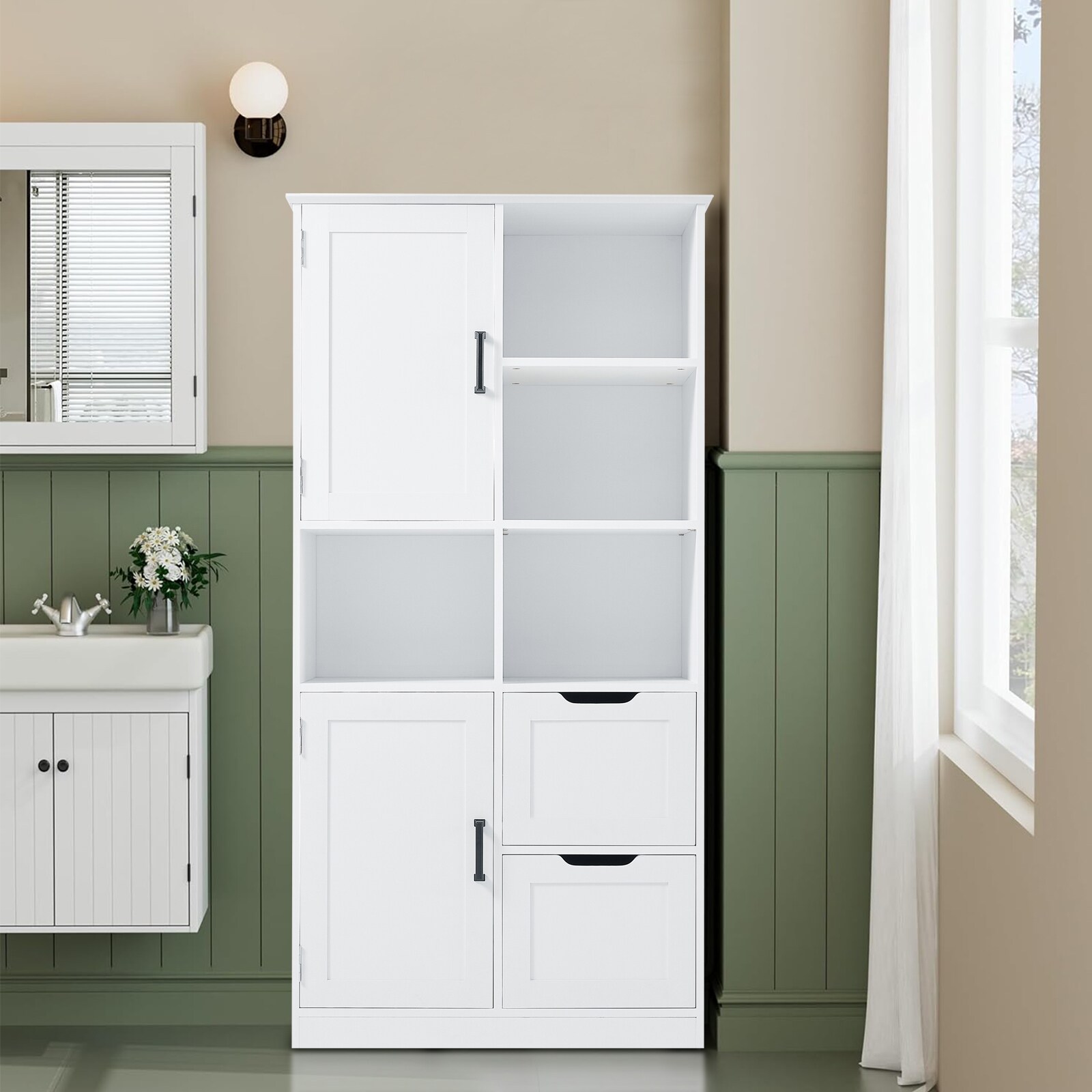 Gabinete de Almacenamiento Utilitario blanco de MDF Siavonce de 16 pulgadas de ancho x 62 pulgadas de alto, para montaje en pared o de pie.