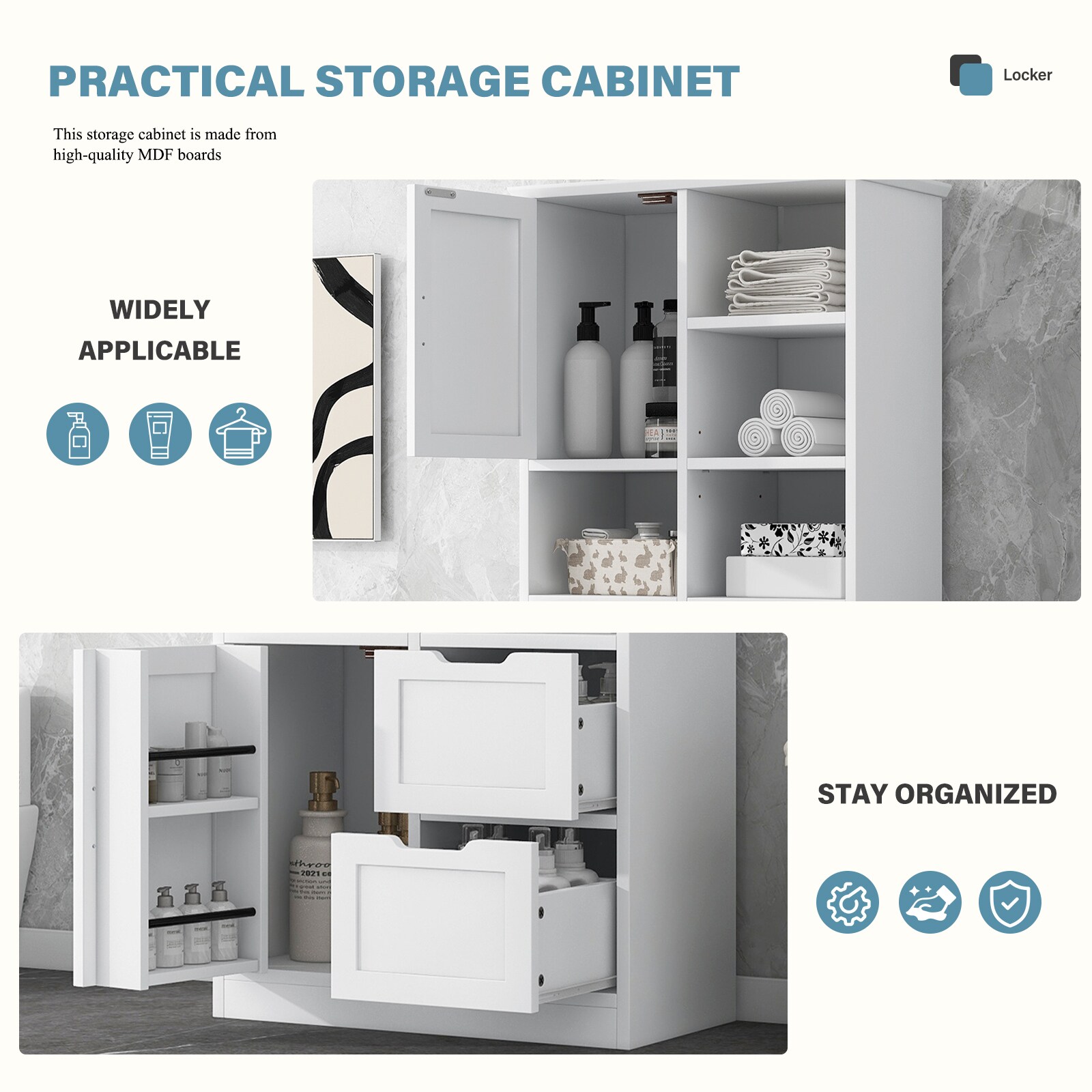Gabinete de Almacenamiento Utilitario blanco de MDF Siavonce de 16 pulgadas de ancho x 62 pulgadas de alto, para montaje en pared o de pie.