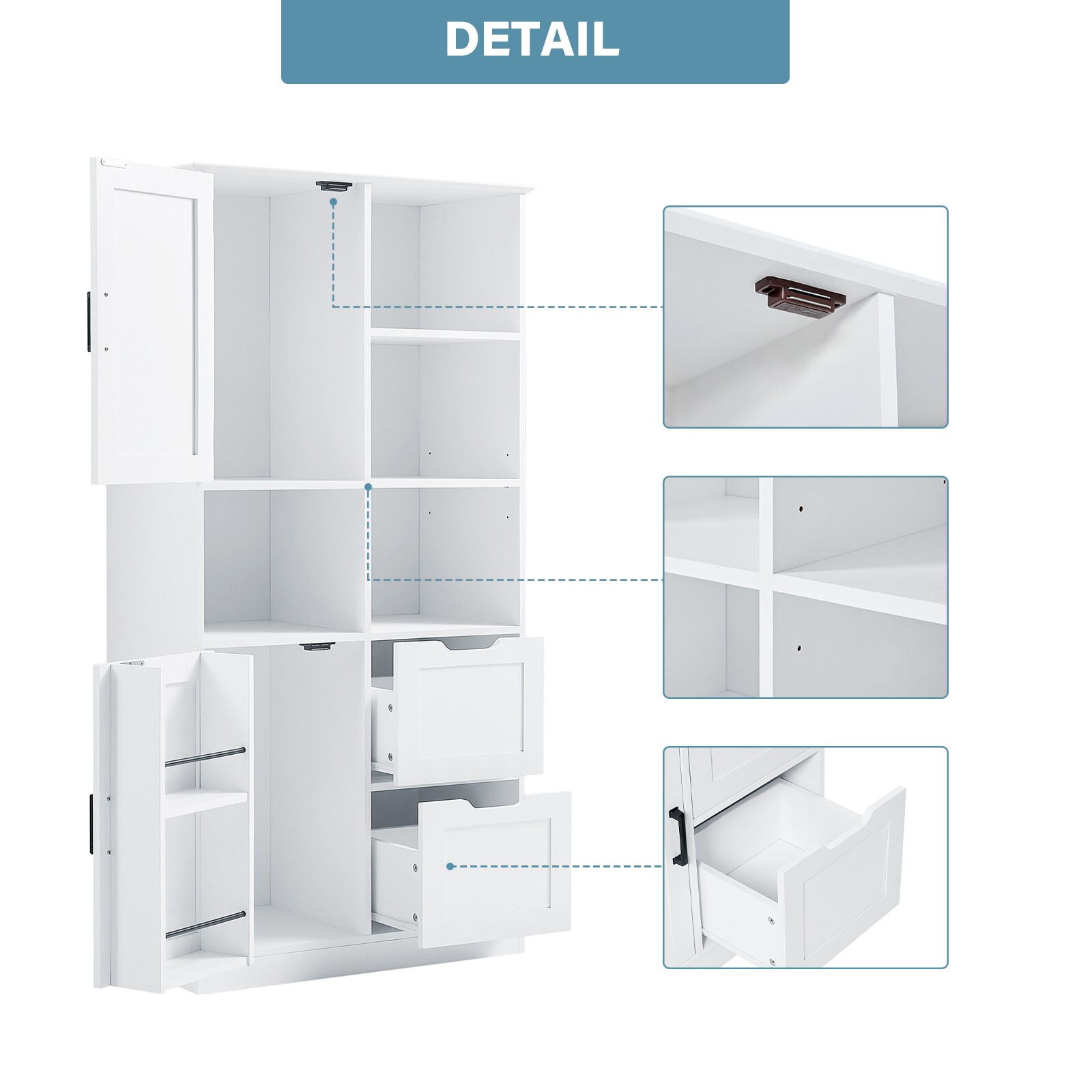 Gabinete de Almacenamiento Utilitario blanco de MDF Siavonce de 16 pulgadas de ancho x 62 pulgadas de alto, para montaje en pared o de pie.