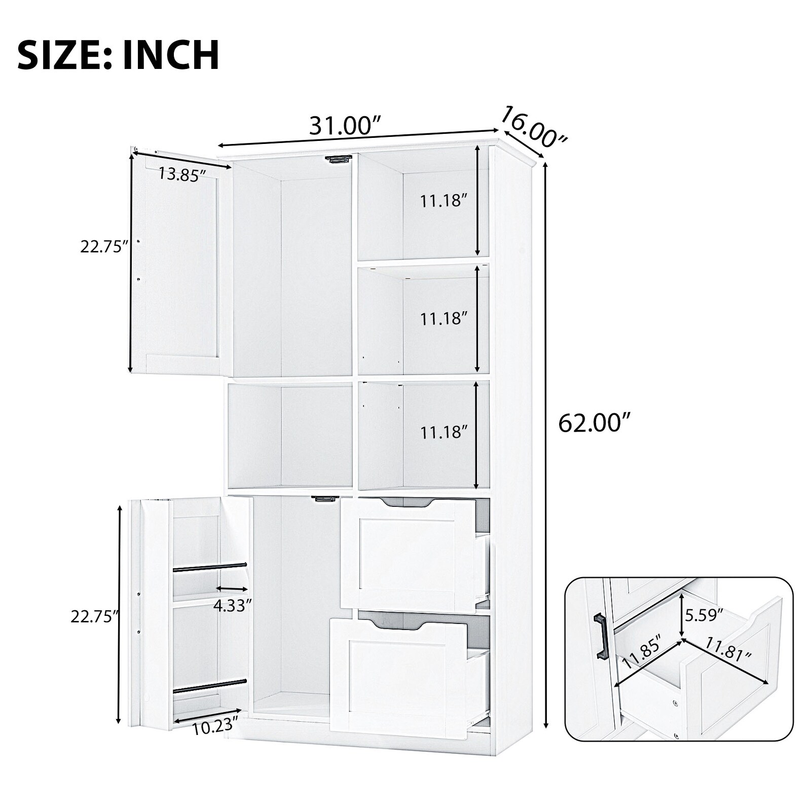 Gabinete de Almacenamiento Utilitario blanco de MDF Siavonce de 16 pulgadas de ancho x 62 pulgadas de alto, para montaje en pared o de pie.