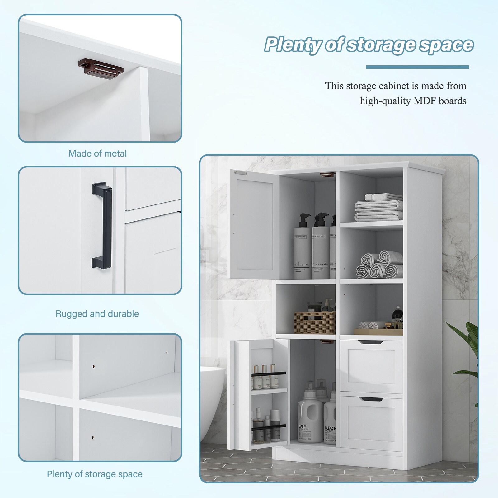 Gabinete de Almacenamiento Utilitario blanco de MDF Siavonce de 16 pulgadas de ancho x 62 pulgadas de alto, para montaje en pared o de pie.