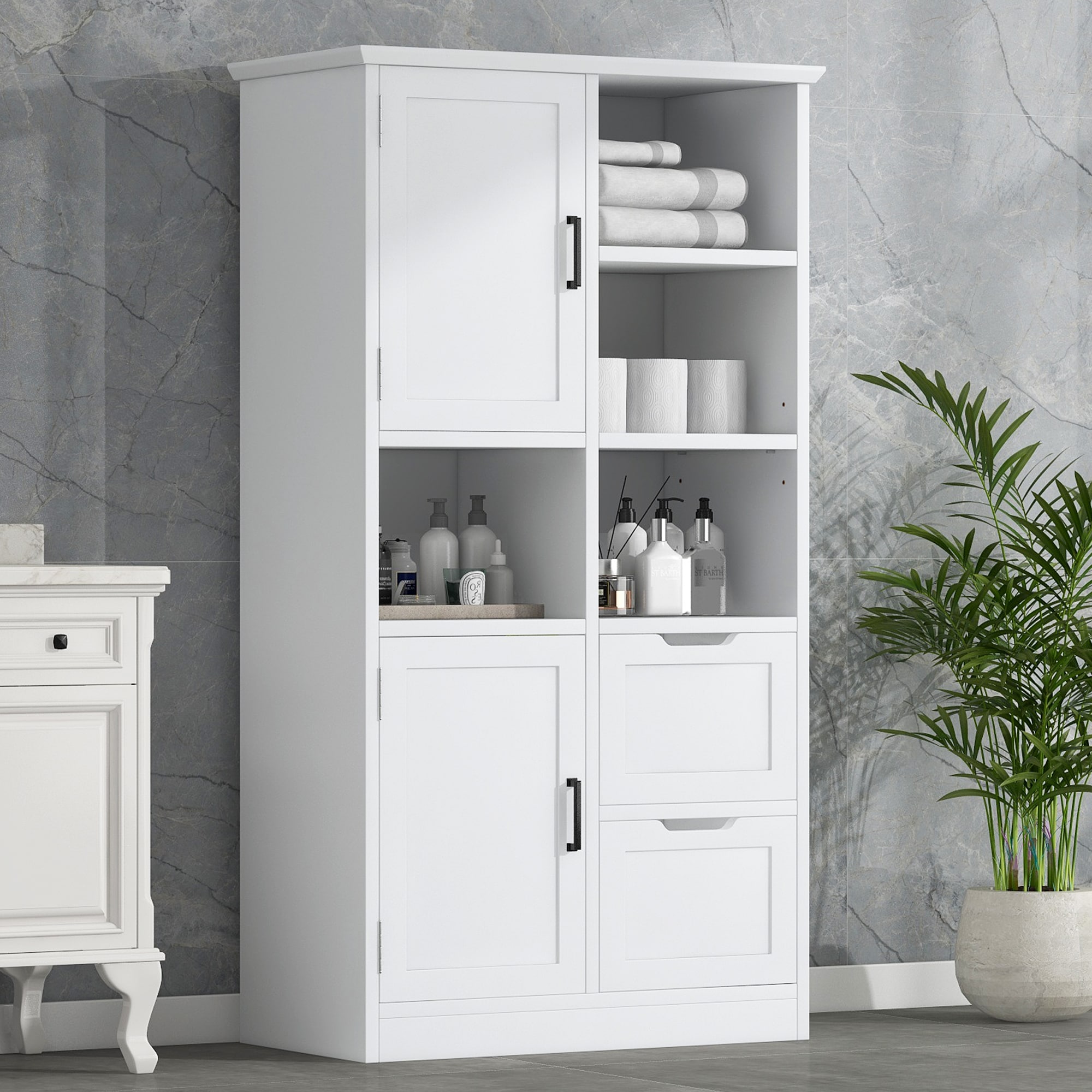 Gabinete de Almacenamiento Utilitario blanco de MDF Siavonce de 16 pulgadas de ancho x 62 pulgadas de alto, para montaje en pared o de pie.
