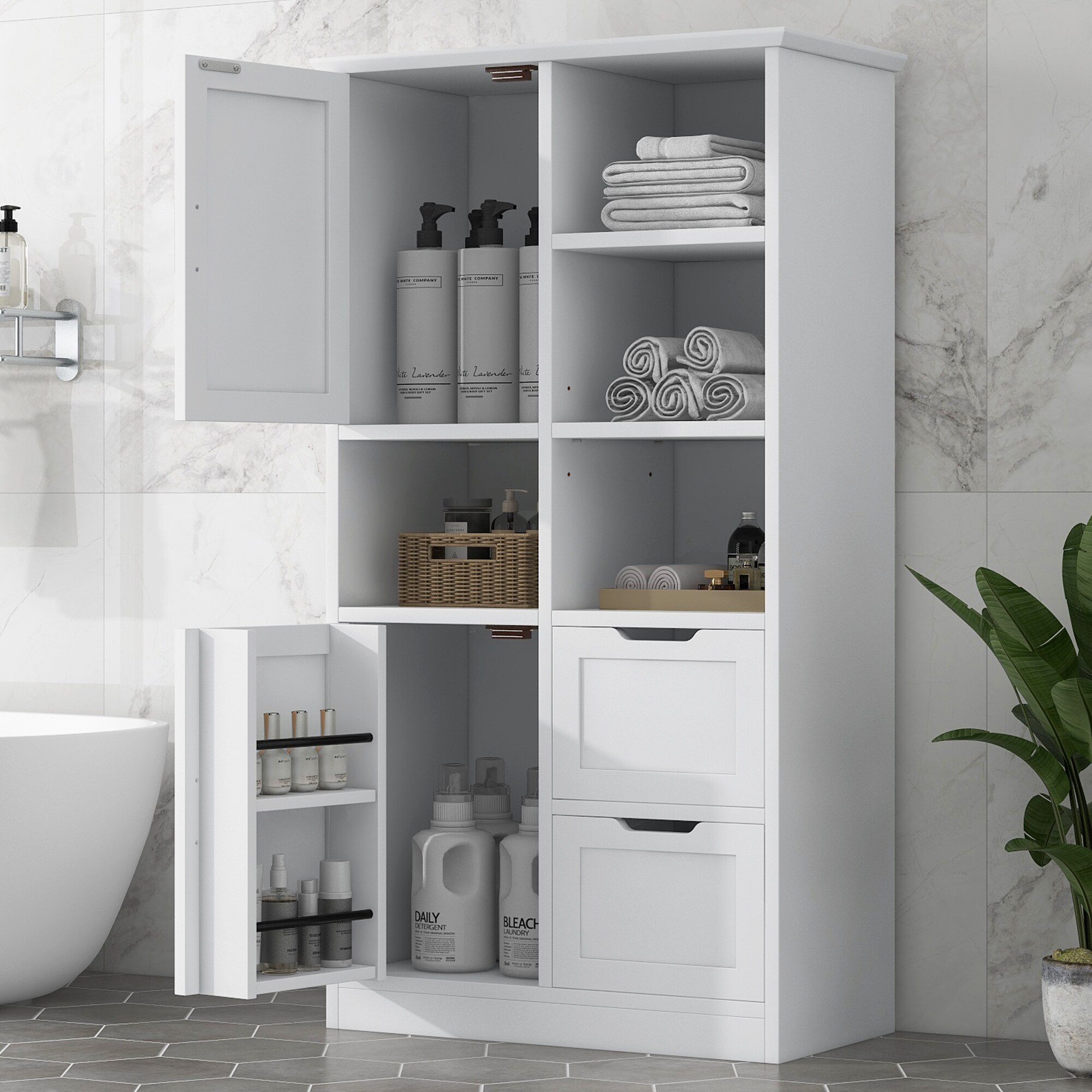 Gabinete de Almacenamiento Utilitario blanco de MDF Siavonce de 16 pulgadas de ancho x 62 pulgadas de alto, para montaje en pared o de pie.