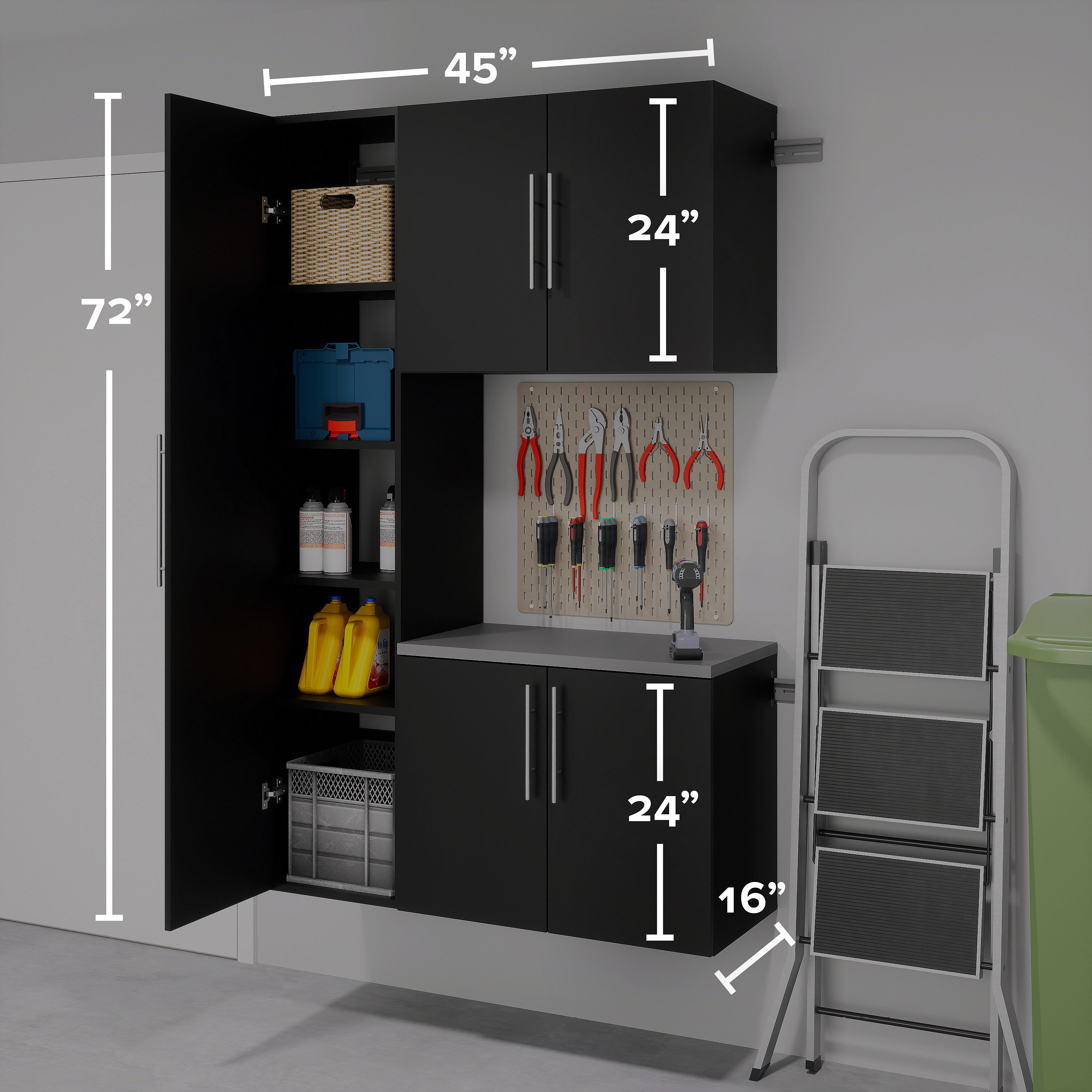 Sistema de Almacenamiento para Garage Prepac HangUps Negro de Madera Compuesta de 3 Gabinetes de 45 pulgadas de ancho x 72 pulgadas de alto x 16 pulgadas de profundidad BRGW-0716-3M