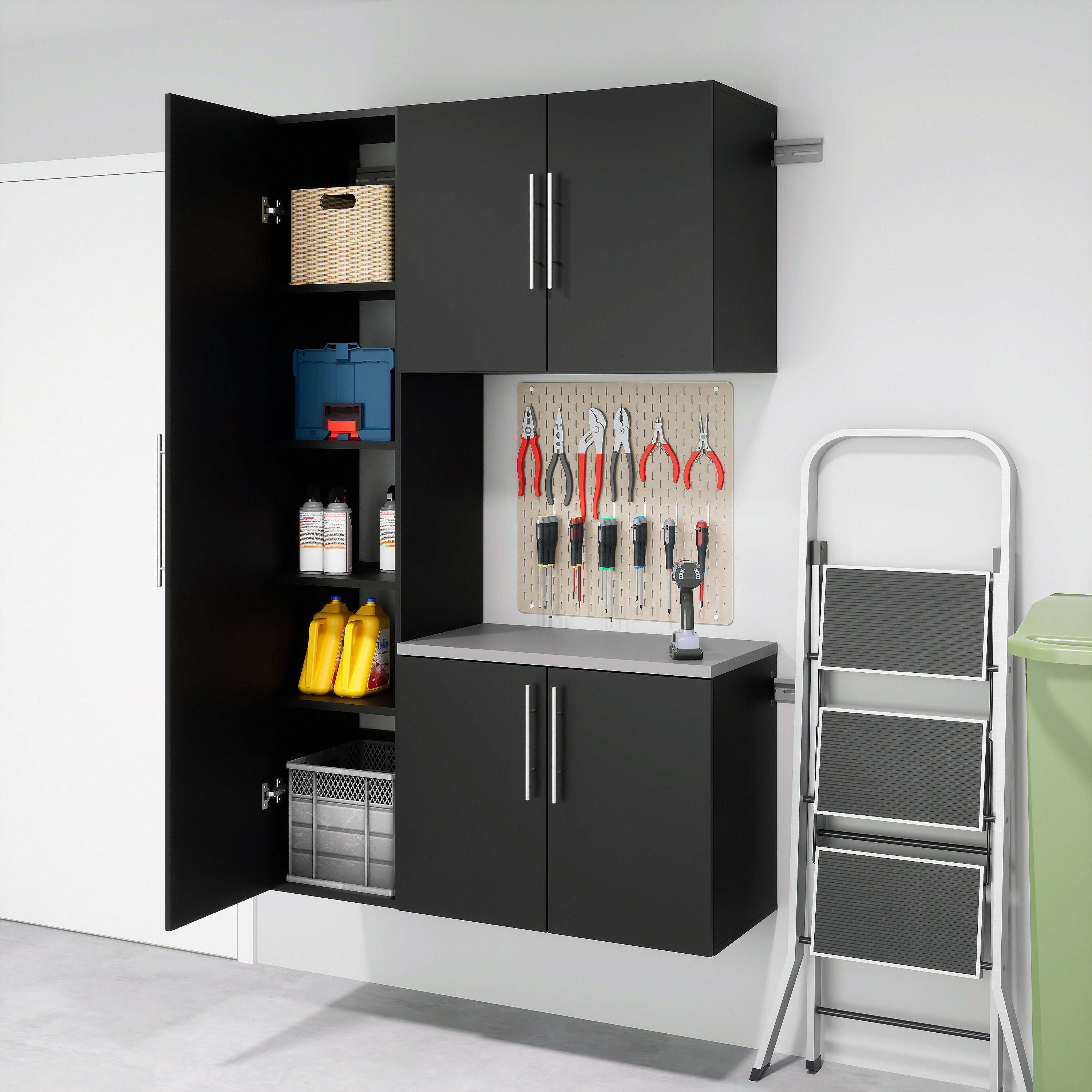 Sistema de Almacenamiento para Garage Prepac HangUps Negro de Madera Compuesta de 3 Gabinetes de 45 pulgadas de ancho x 72 pulgadas de alto x 16 pulgadas de profundidad BRGW-0716-3M