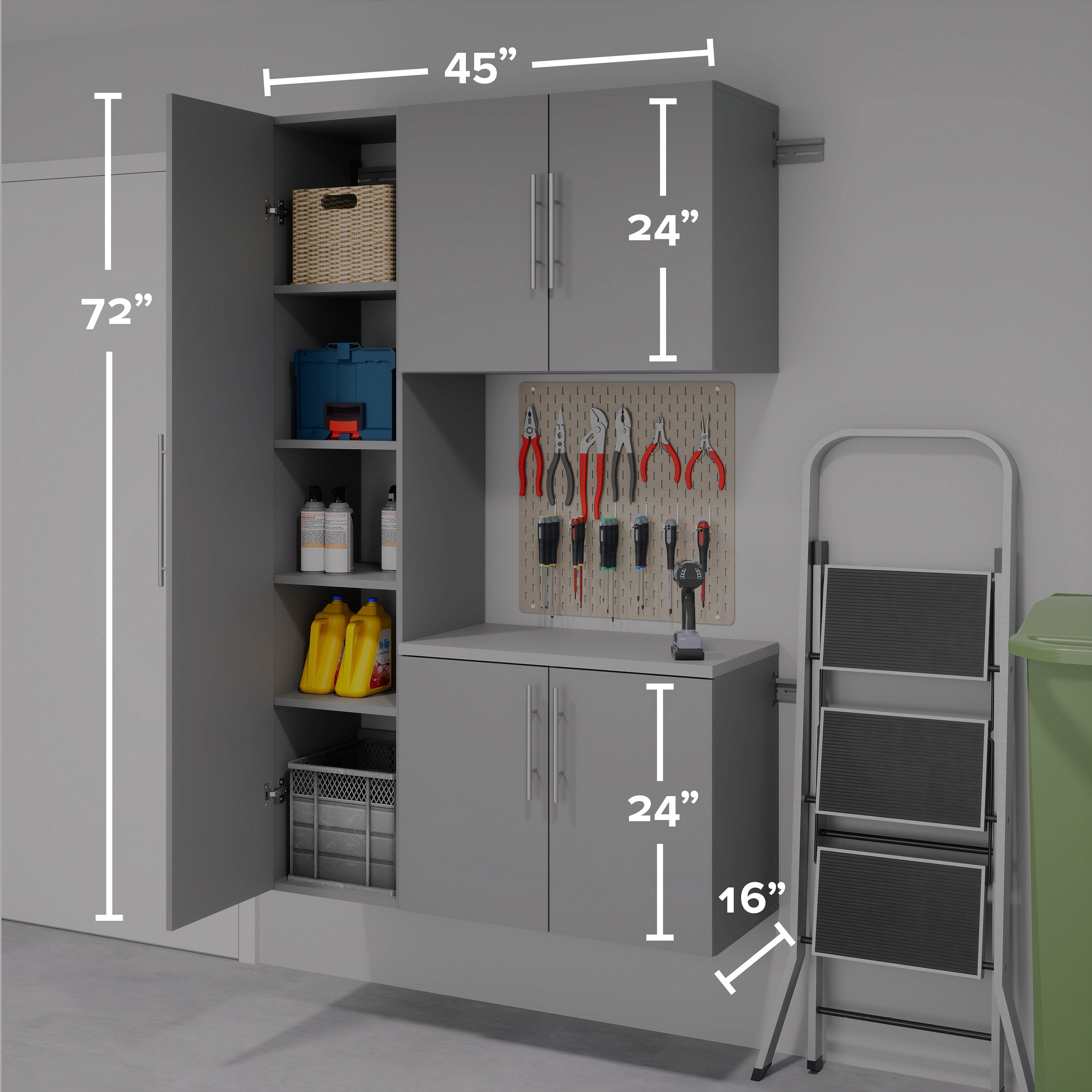 Sistema de almacenamiento para garaje en gris claro de madera compuesta de 3 gabinetes de 45 pulgadas de ancho, 72 pulgadas de alto y 16 pulgadas de profundidad Prepac GRGW-0716-3M