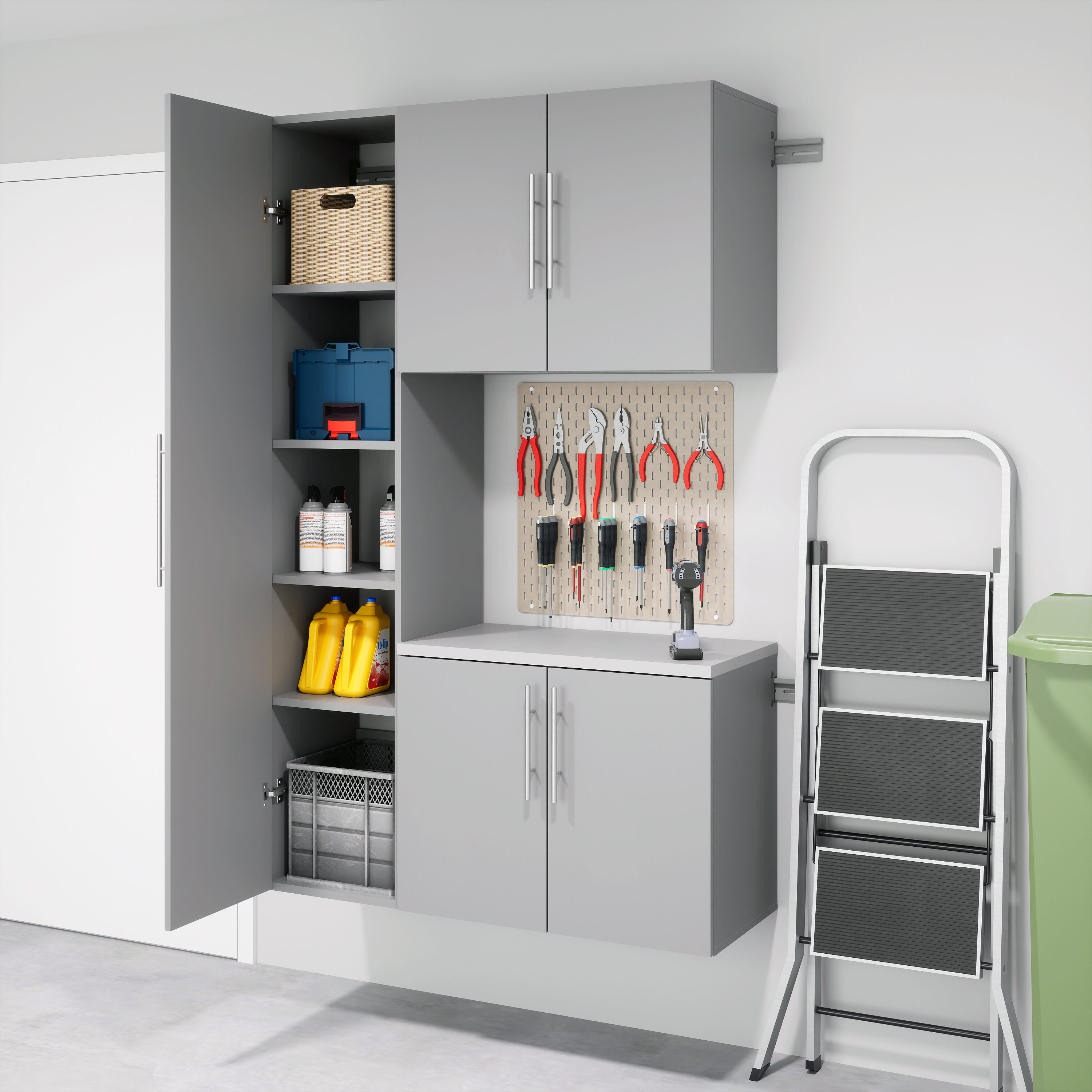 Sistema de almacenamiento para garaje en gris claro de madera compuesta de 3 gabinetes de 45 pulgadas de ancho, 72 pulgadas de alto y 16 pulgadas de profundidad Prepac GRGW-0716-3M