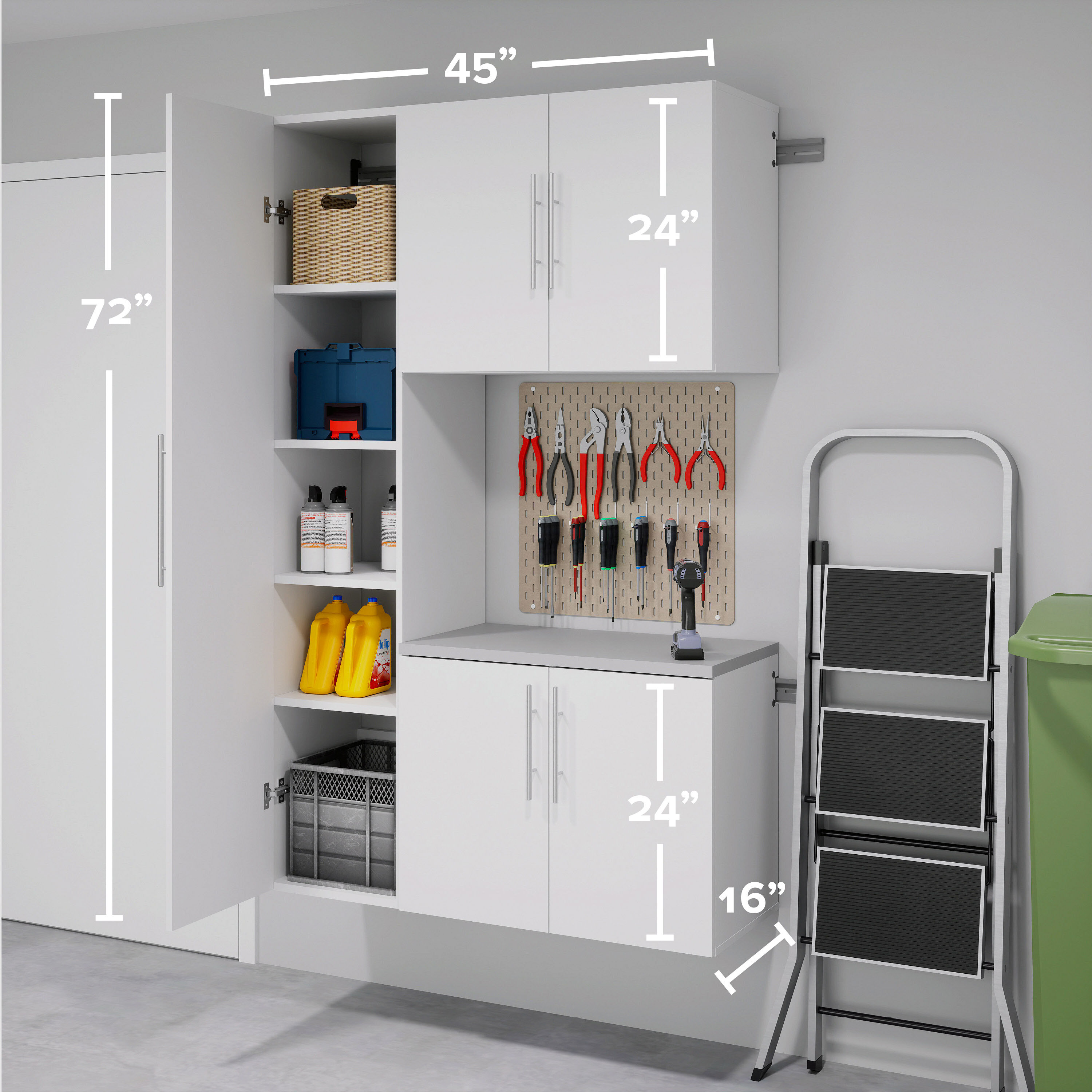 Sistema de almacenamiento para garaje HangUps blanco de madera compuesta de 3 gabinetes Prepac de 45 pulgadas de ancho x 72 pulgadas de alto x 16 pulgadas de profundidad WRGW-0716-3M.