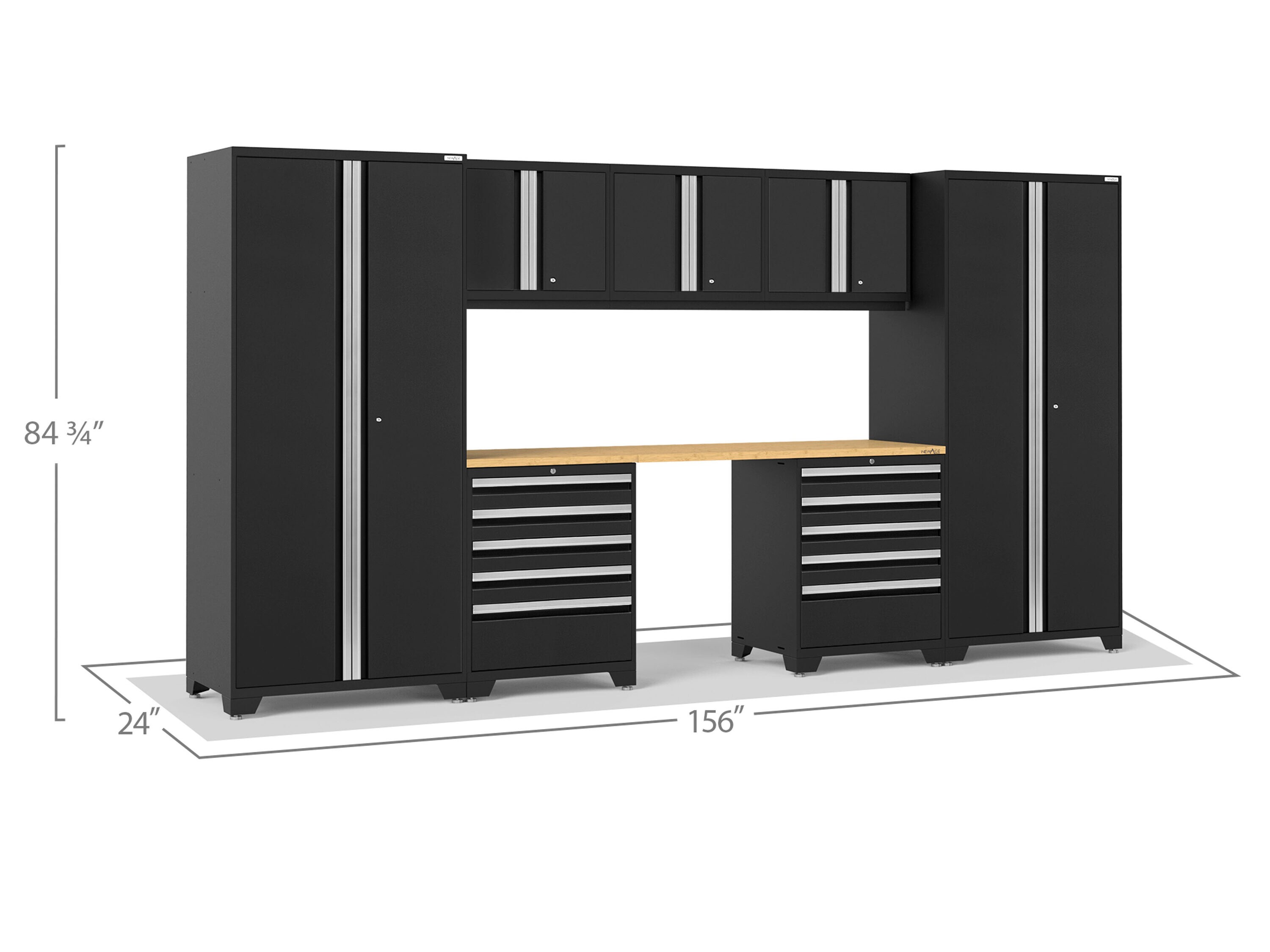 Sistema de almacenamiento para garaje en acero gris carbón con 7 gabinetes de 156 pulgadas de ancho x 84.75 pulgadas de alto x 24 pulgadas de profundidad de NewAge Products 52090