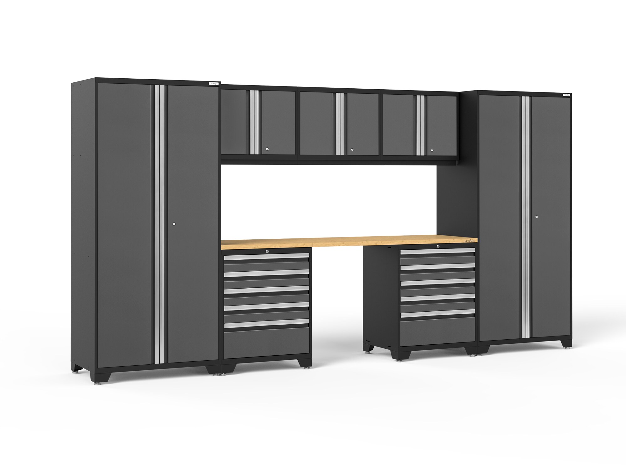 Sistema de almacenamiento para garaje en acero gris carbón con 7 gabinetes de 156 pulgadas de ancho x 84.75 pulgadas de alto x 24 pulgadas de profundidad de NewAge Products 52090