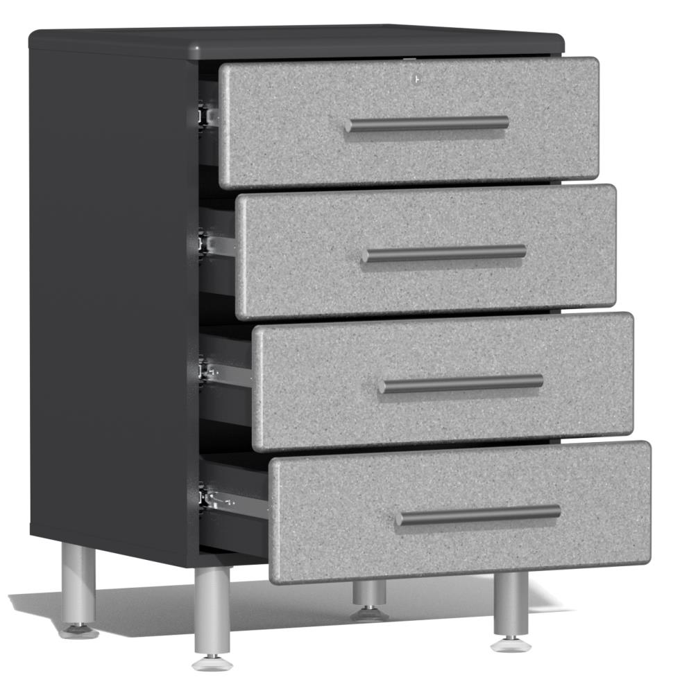 Sistema de almacenamiento para garaje Ulti-MATE 82.7 pulgadas de ancho x 80 pulgadas de alto x 21 pulgadas de profundidad con 5 gabinetes de madera compuesta, frentes metálicos plateados sobre cajas grises. UG22050S
