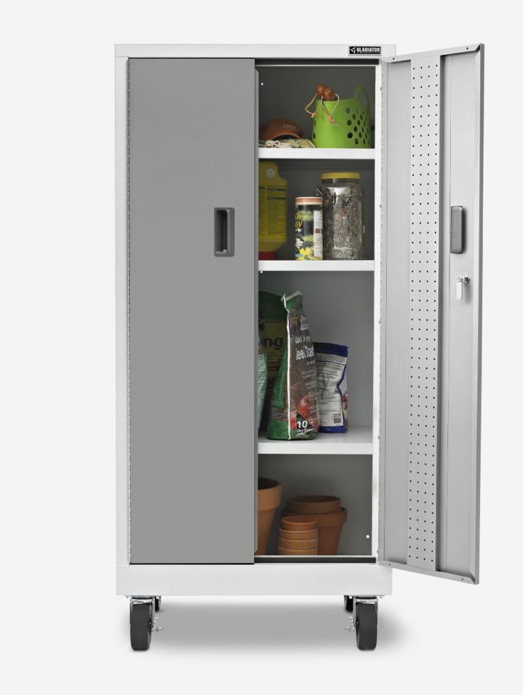 Gabinete de garaje de acero blanco Gladiator Premier Tall GearBox de 30 pulgadas de ancho x 65.25 pulgadas de alto x 18 pulgadas de profundidad, independiente o montado en la pared