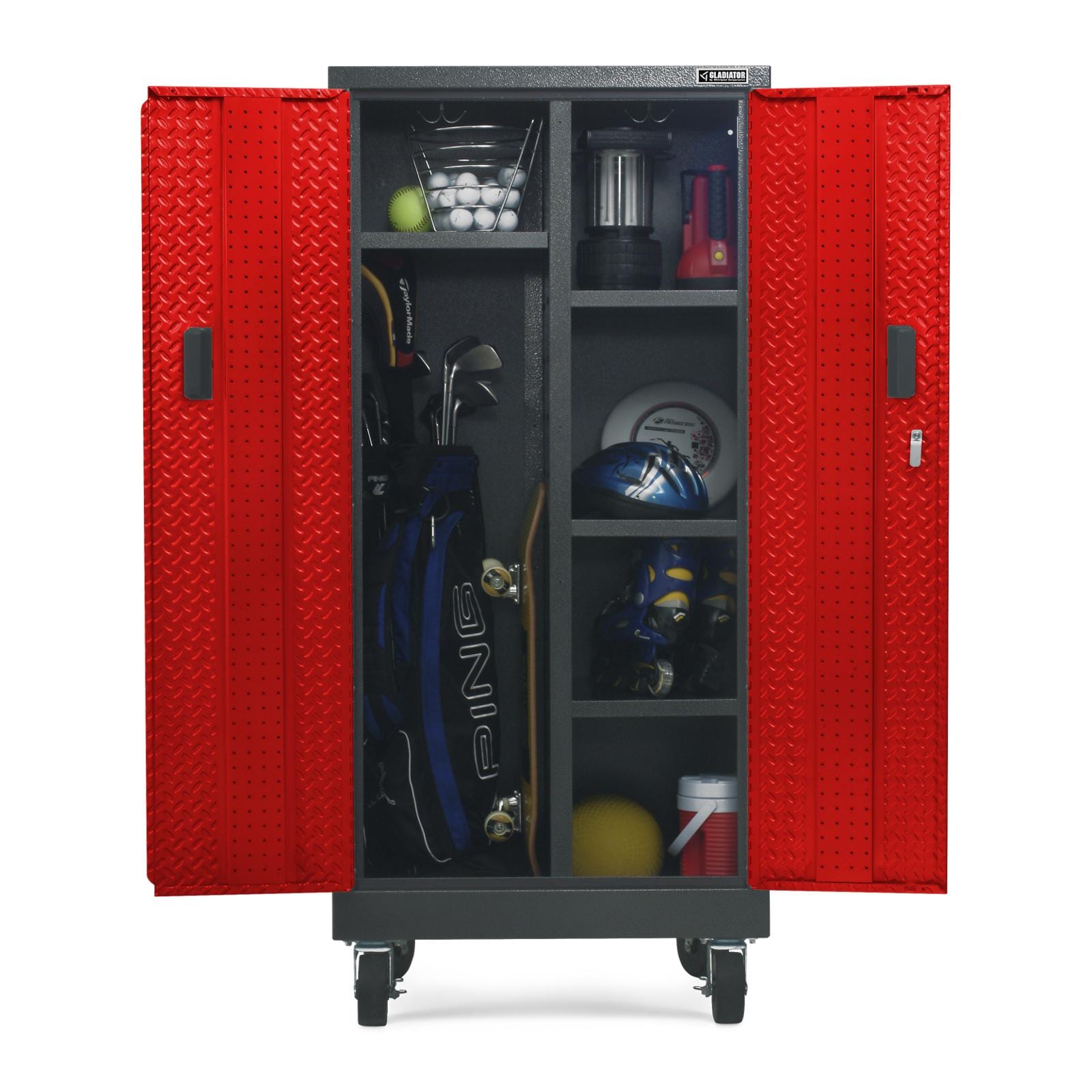 Gabinete de Garaje de Acero Independiente Gladiator Premier Wall GearBox de 30 pulgadas de ancho x 65.25 pulgadas de alto x 18 pulgadas de profundidad en color rojo GATL302DKR