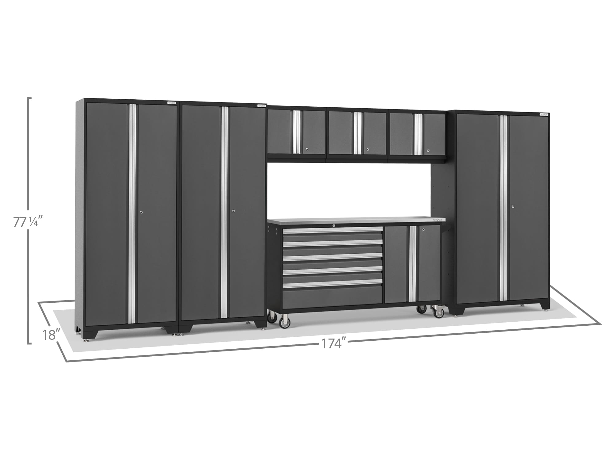 Sistema de almacenamiento para garaje en acero gris carbón con 7 gabinetes de 174.0 pulgadas de ancho x 77.25 pulgadas de alto x 18.0 pulgadas de profundidad de NewAge Products 50587