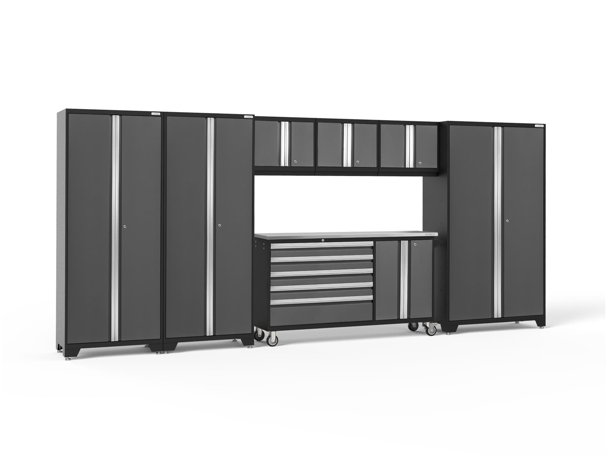 Sistema de almacenamiento para garaje en acero gris carbón con 7 gabinetes de 174.0 pulgadas de ancho x 77.25 pulgadas de alto x 18.0 pulgadas de profundidad de NewAge Products 50587