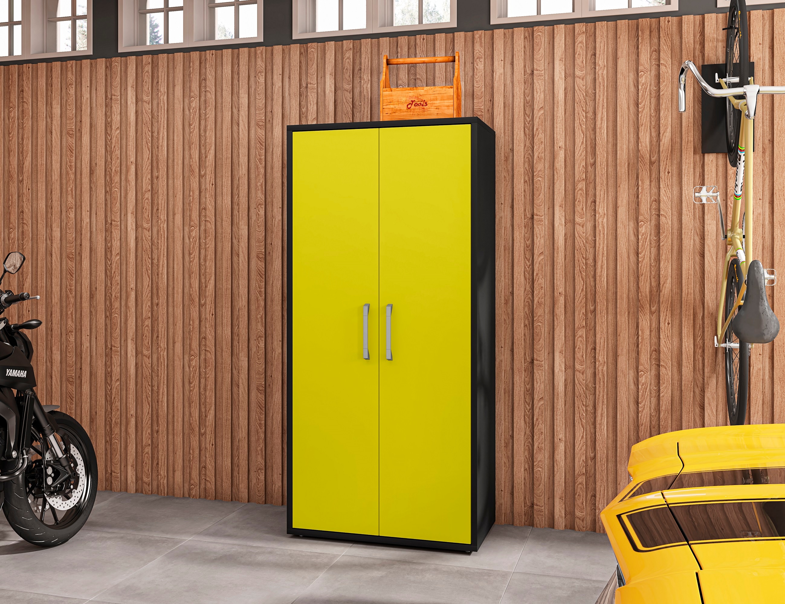 Gabinete de garaje independiente de madera compuesta en amarillo Eiffel de Manhattan Comfort de 35.43 pulgadas de ancho x 73.43 pulgadas de alto x 17.72 pulgadas de profundidad