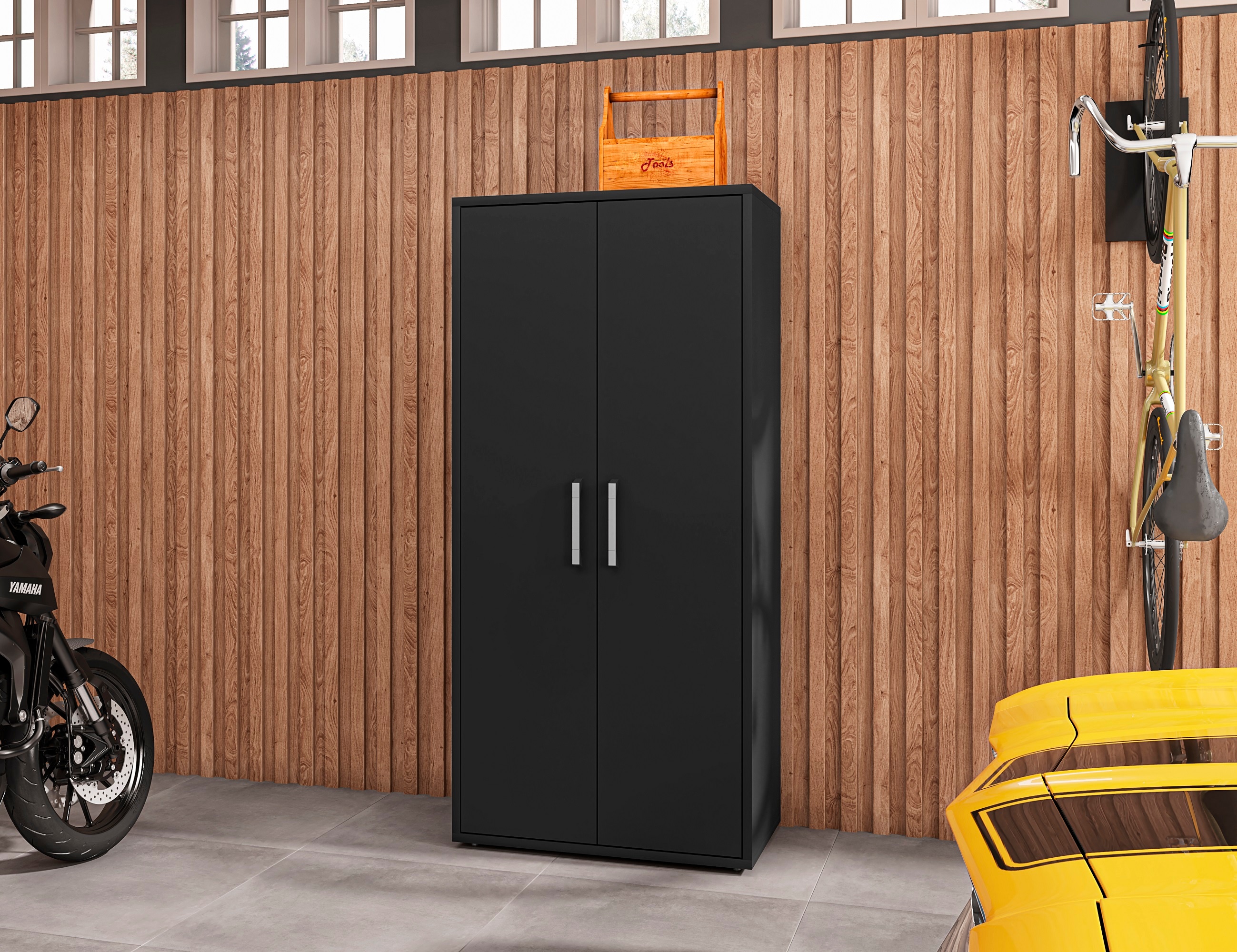 Gabinete de Garage de Madera Compuesta Autosoportante Manhattan Comfort Eiffel 35.43 pulgadas de ancho x 73.43 pulgadas de alto x 17.72 pulgadas de profundidad en color negro 250BMC8