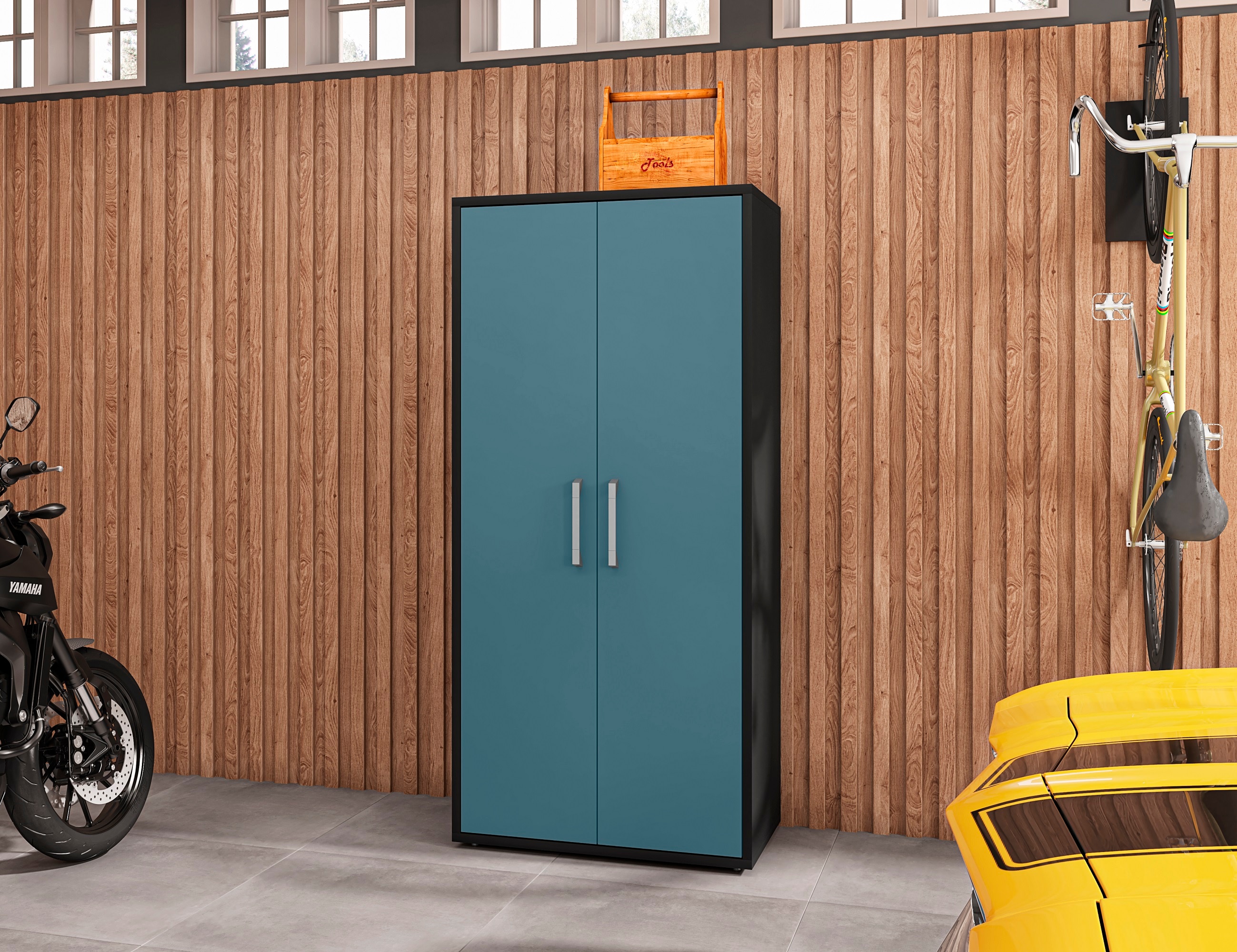 Gabinete de garaje independiente de madera compuesta Manhattan Comfort Eiffel de 35.43 pulgadas de ancho x 73.43 pulgadas de alto x 17.72 pulgadas de profundidad en azul 250BMC83