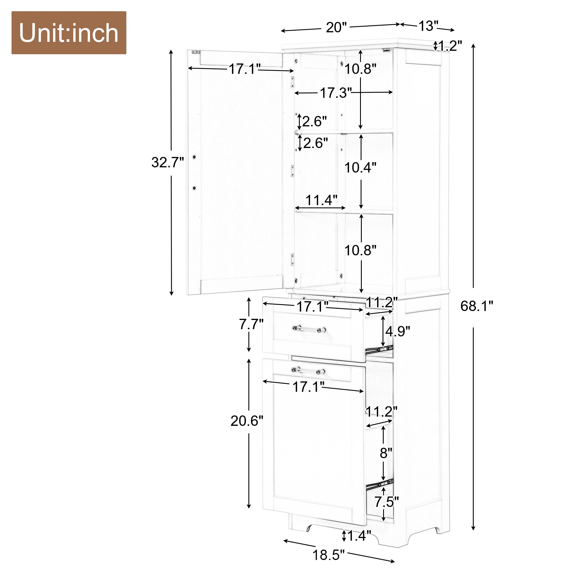 Gabinete de almacenamiento utilitario de pie libre blanco de MDF de 13 pulgadas de ancho x 68.1 pulgadas de alto ZAKLOOP WU1396P147014