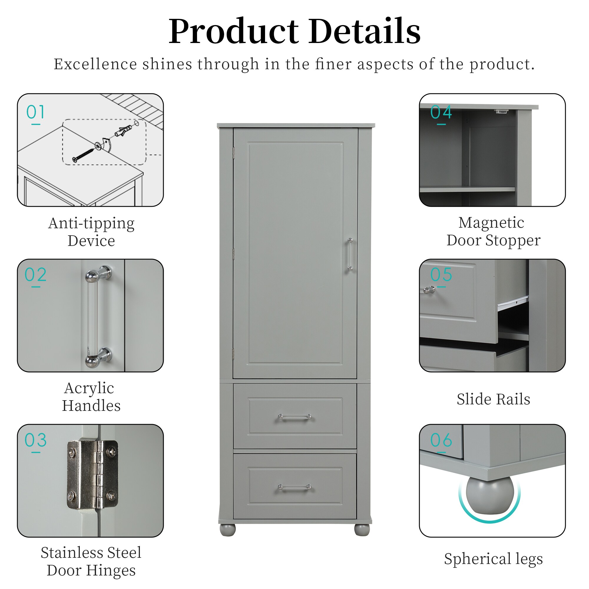 Gabinete de almacenamiento utilitario de pie libre blanco de MDF de 13 pulgadas de ancho x 68.1 pulgadas de alto ZAKLOOP WU1396P147014