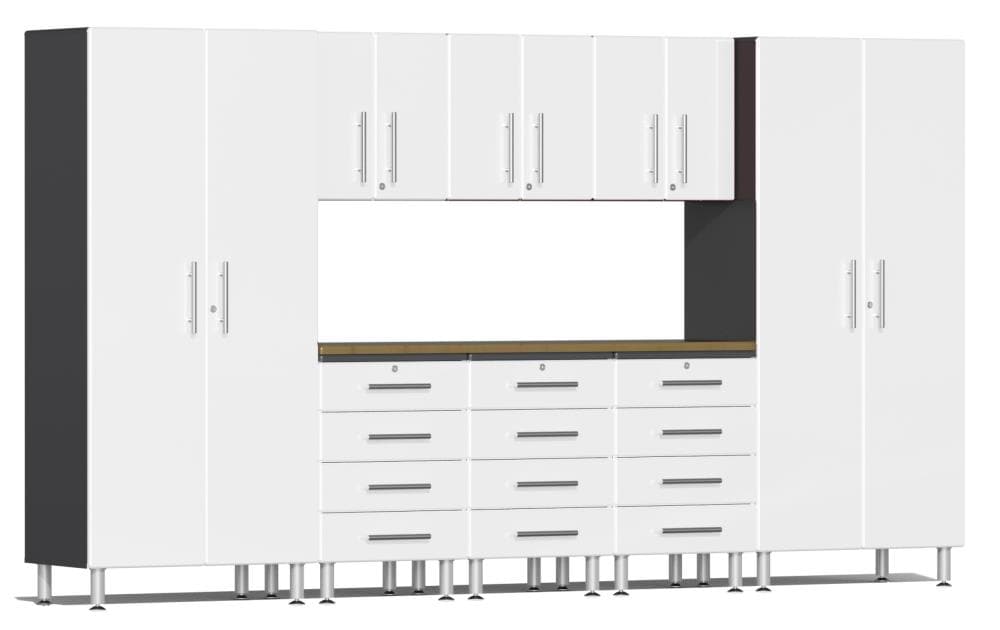 Sistema de almacenamiento para garaje Ulti-MATE 141.8 pulgadas de ancho x 80 pulgadas de alto x 21 pulgadas de profundidad con 8 gabinetes de madera compuesta - blanco con frente metálico sobre caja gris UG22092W