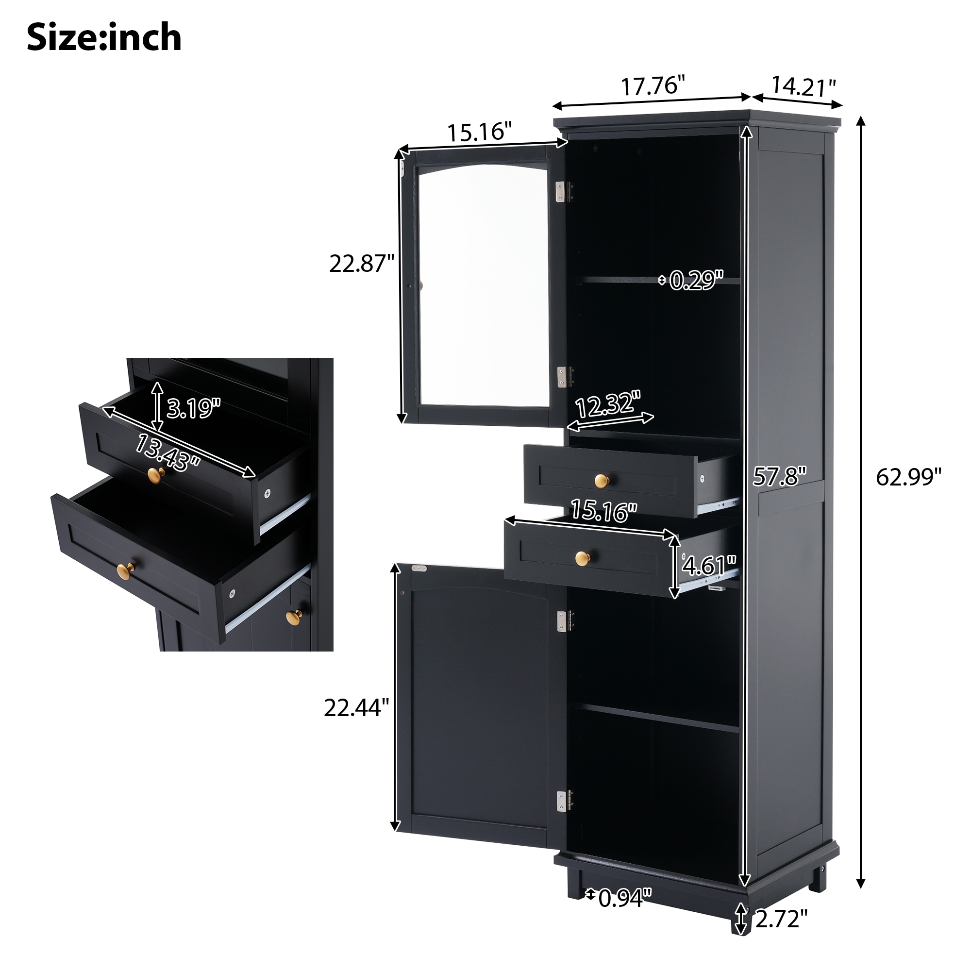 Gabinete de almacenamiento independiente de utilidad en MDF negro ZAKLOOP 17.76 pulgadas de ancho x 62.99 pulgadas de alto WU1396P149675