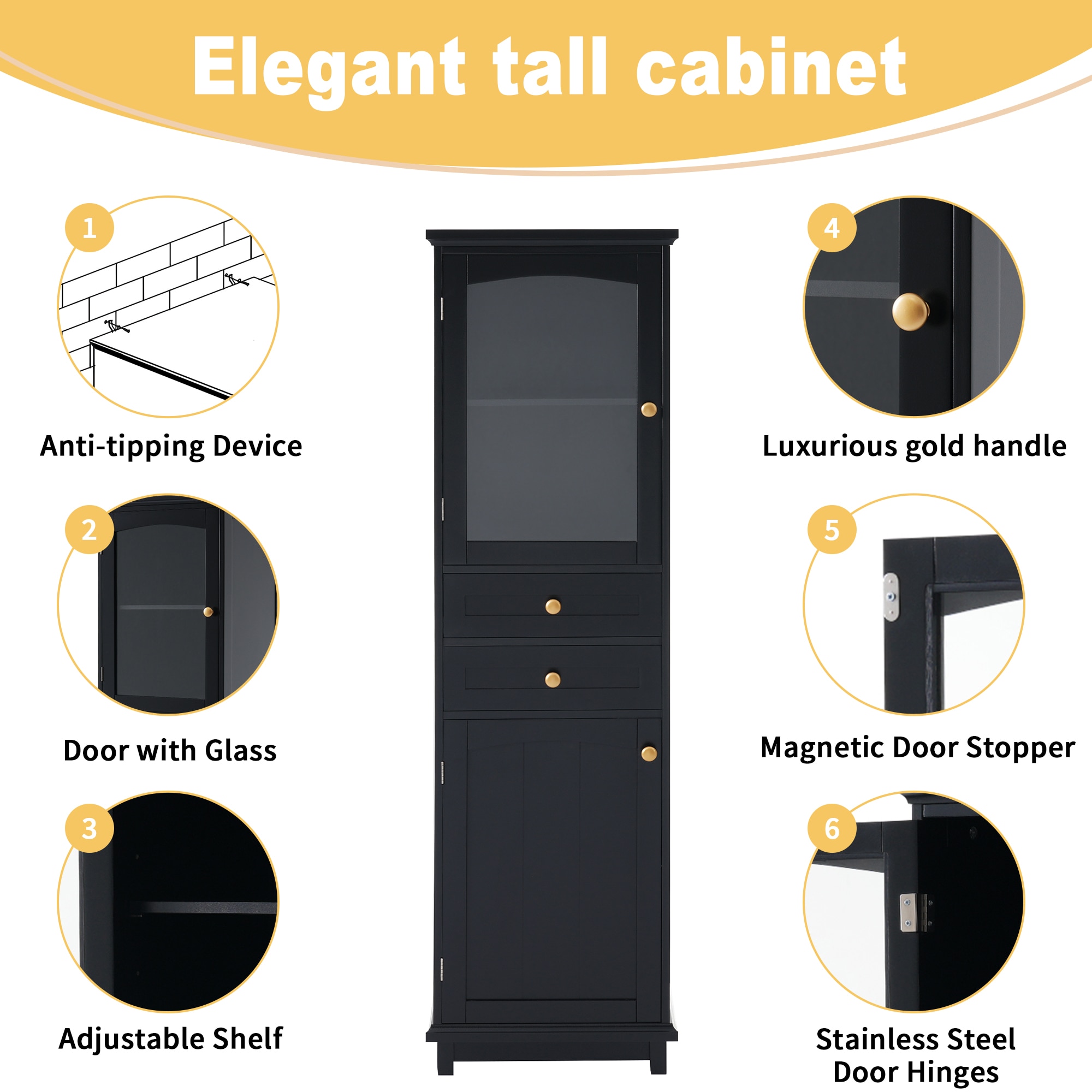 Gabinete de almacenamiento independiente de utilidad en MDF negro ZAKLOOP 17.76 pulgadas de ancho x 62.99 pulgadas de alto WU1396P149675