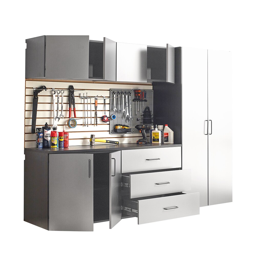 Sistema de almacenamiento para garaje en gris metálico de madera con 5 gabinetes de 96 pulgadas de ancho x 79 pulgadas de alto x 20 pulgadas de profundidad Klair Living AST-AB2CD