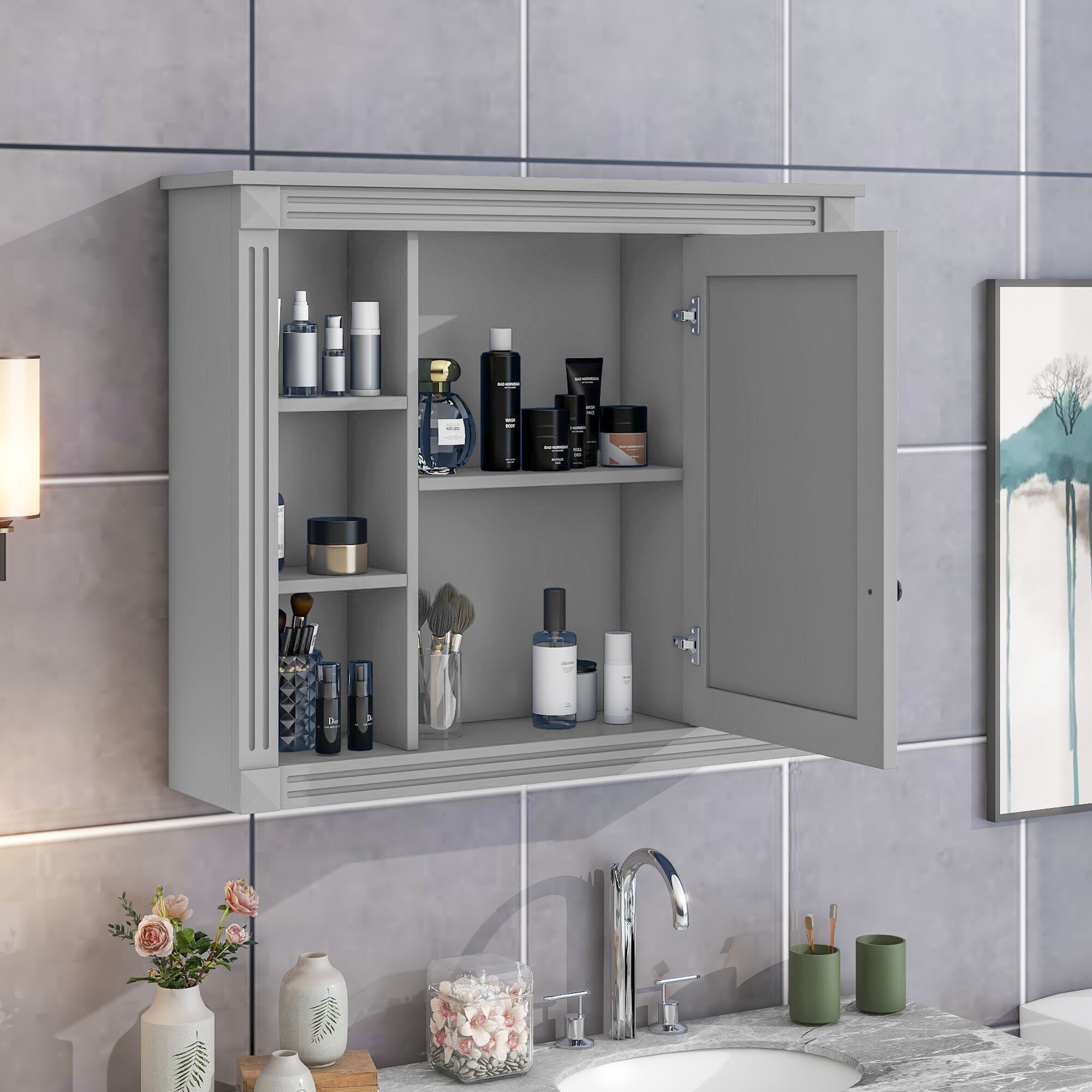 Gabinete de almacenamiento utilitario montado en la pared de MDF gris ZAKLOOP, 7.1 pulgadas de ancho x 28.7 pulgadas de alto XU2235137235