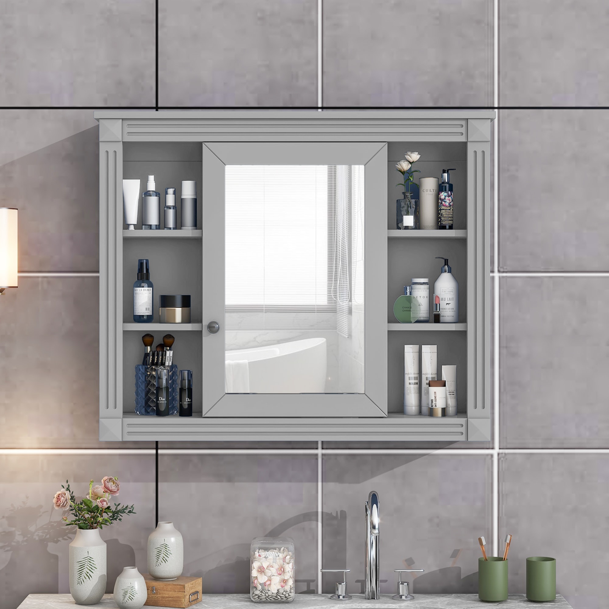Gabinete de almacenamiento utilitario montado en la pared de MDF gris ZAKLOOP, 7.1 pulgadas de ancho x 28.7 pulgadas de alto XU2235137235