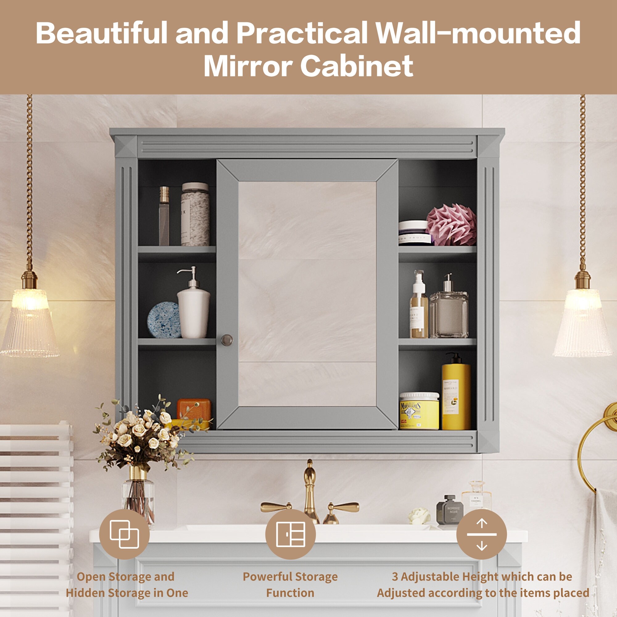 Gabinete de almacenamiento utilitario montado en la pared de MDF gris ZAKLOOP, 7.1 pulgadas de ancho x 28.7 pulgadas de alto XU2235137235