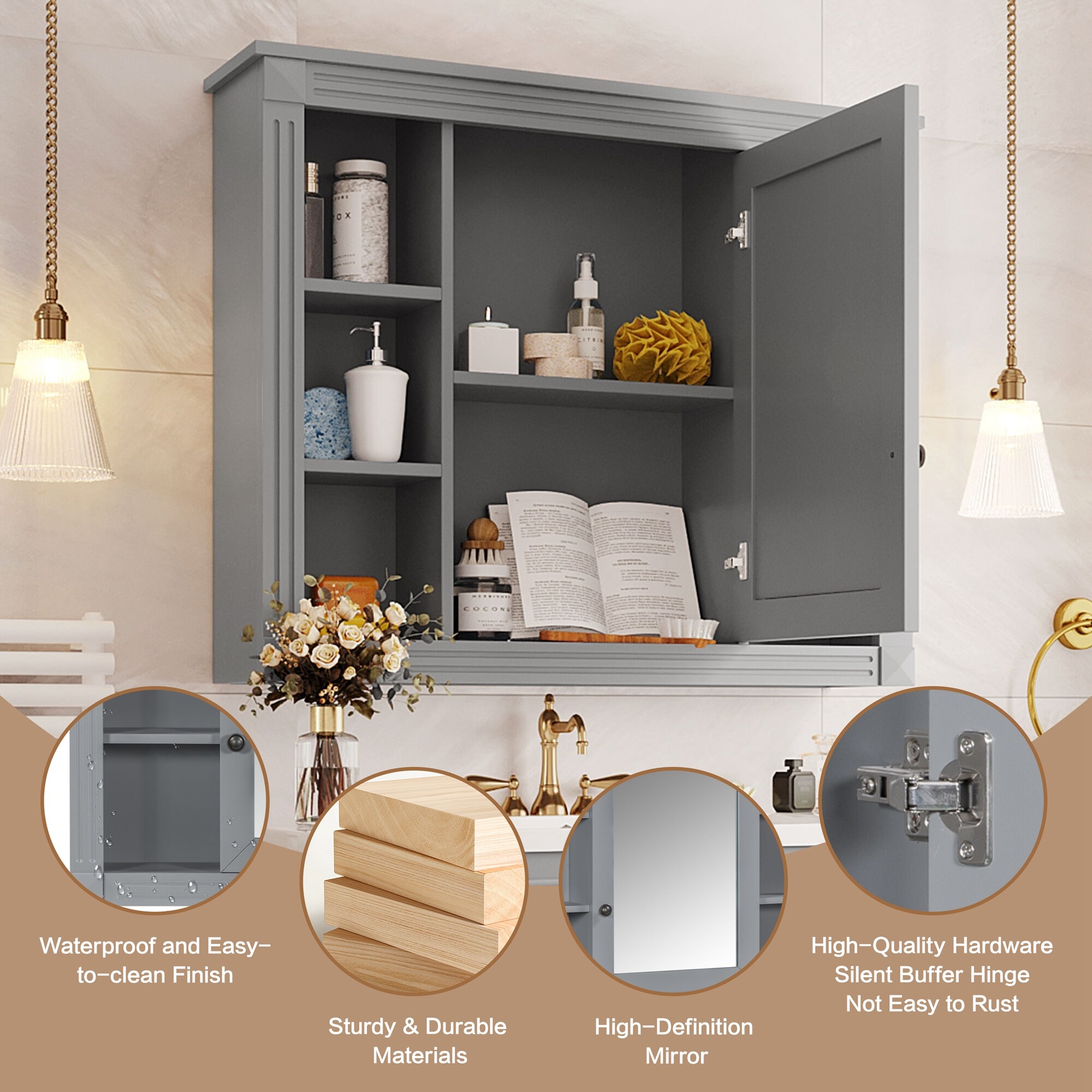 Gabinete de almacenamiento utilitario montado en la pared de MDF gris ZAKLOOP, 7.1 pulgadas de ancho x 28.7 pulgadas de alto XU2235137235