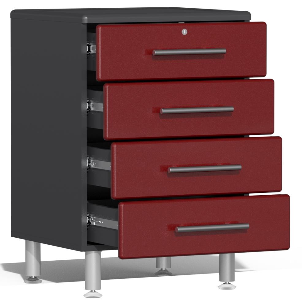 Sistema de almacenamiento para garaje Ulti-MATE 82.7 pulgadas de ancho x 80 pulgadas de alto x 21 pulgadas de profundidad 5 - Gabinetes de madera compuesta con frente metálico rojo sobre caja de gabinete gris. UG22050R.