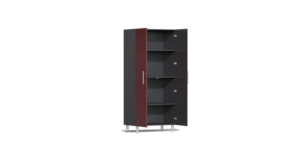 Sistema de almacenamiento para garaje Ulti-MATE 82.7 pulgadas de ancho x 80 pulgadas de alto x 21 pulgadas de profundidad 5 - Gabinetes de madera compuesta con frente metálico rojo sobre caja de gabinete gris. UG22050R.