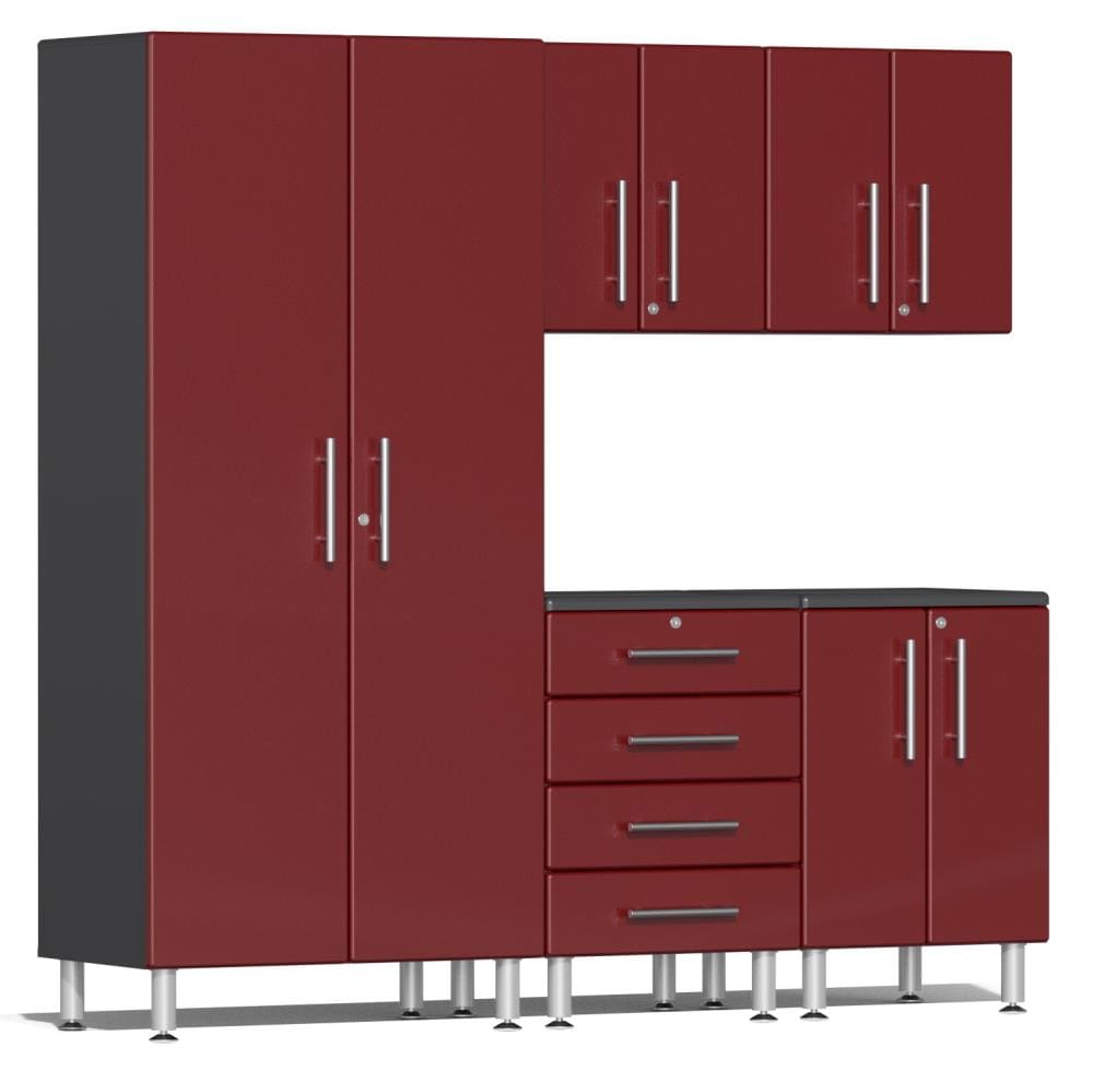 Sistema de almacenamiento para garaje Ulti-MATE 82.7 pulgadas de ancho x 80 pulgadas de alto x 21 pulgadas de profundidad 5 - Gabinetes de madera compuesta con frente metálico rojo sobre caja de gabinete gris. UG22050R.
