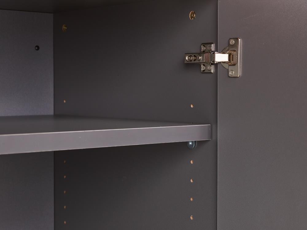 Sistema de almacenamiento para garaje Ulti-MATE 82.7 pulgadas de ancho x 80 pulgadas de alto x 21 pulgadas de profundidad 5 - Gabinetes de madera compuesta con frente metálico rojo sobre caja de gabinete gris. UG22050R.