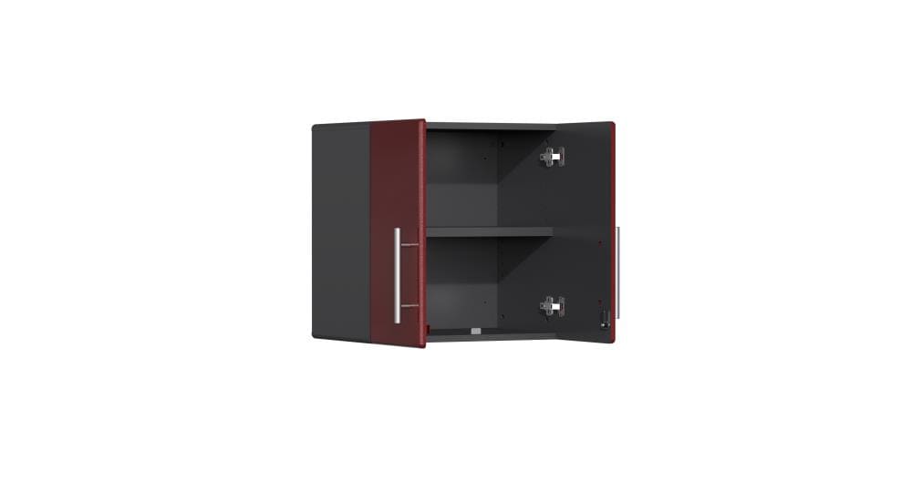 Sistema de almacenamiento para garaje Ulti-MATE 82.7 pulgadas de ancho x 80 pulgadas de alto x 21 pulgadas de profundidad 5 - Gabinetes de madera compuesta con frente metálico rojo sobre caja de gabinete gris. UG22050R.