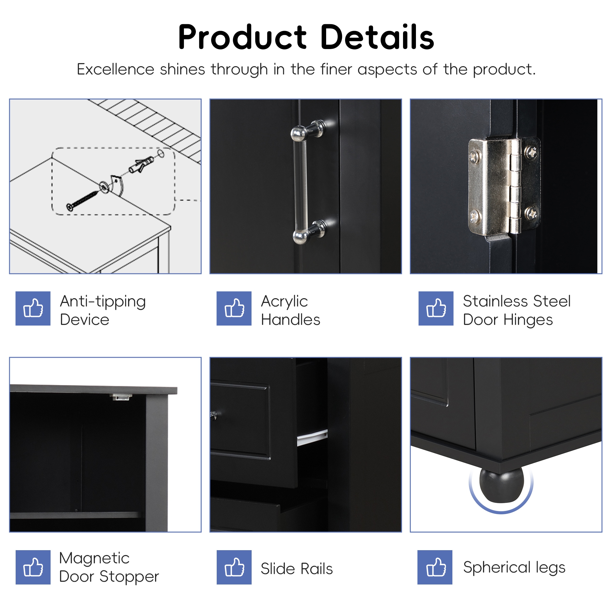 Gabinete de almacenamiento utilitario independiente de MDF negro ZAKLOOP de 15.9 pulgadas de ancho x 61.4 pulgadas de alto WU1396126991