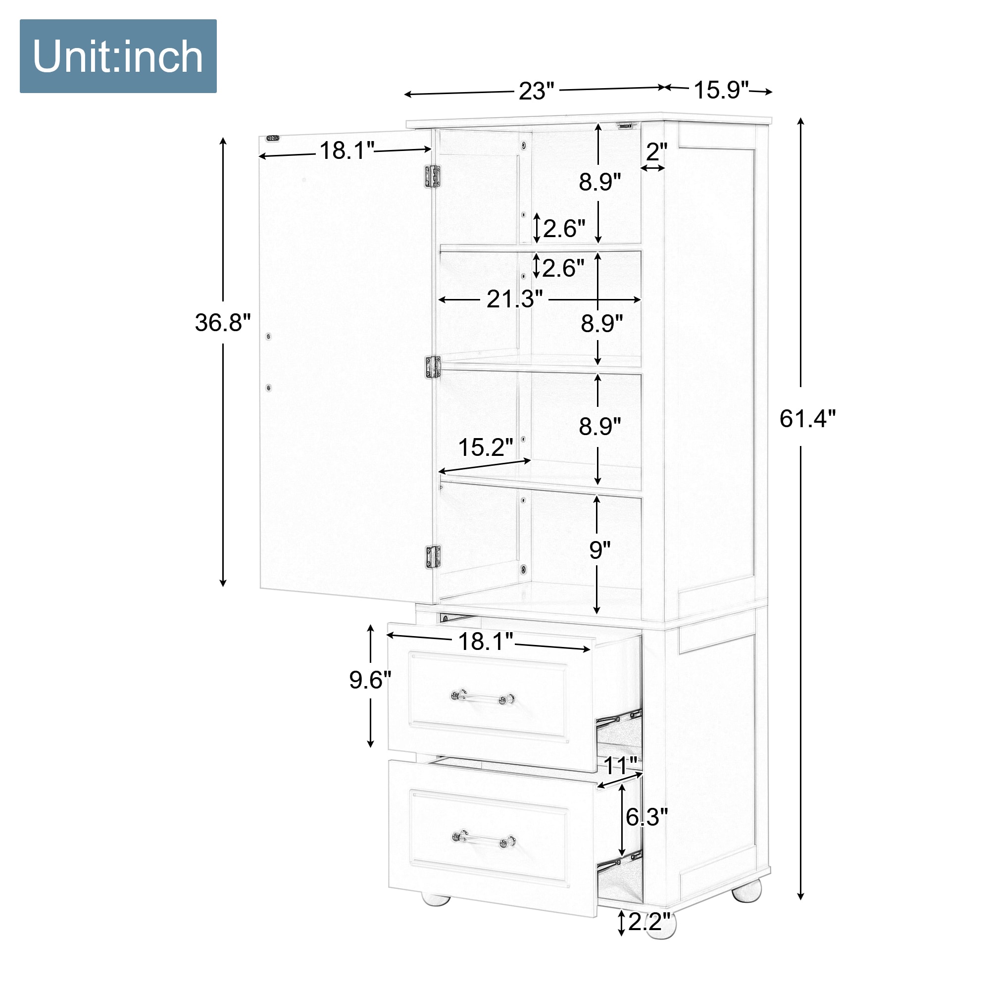Gabinete de almacenamiento utilitario independiente de MDF negro ZAKLOOP de 15.9 pulgadas de ancho x 61.4 pulgadas de alto WU1396126991