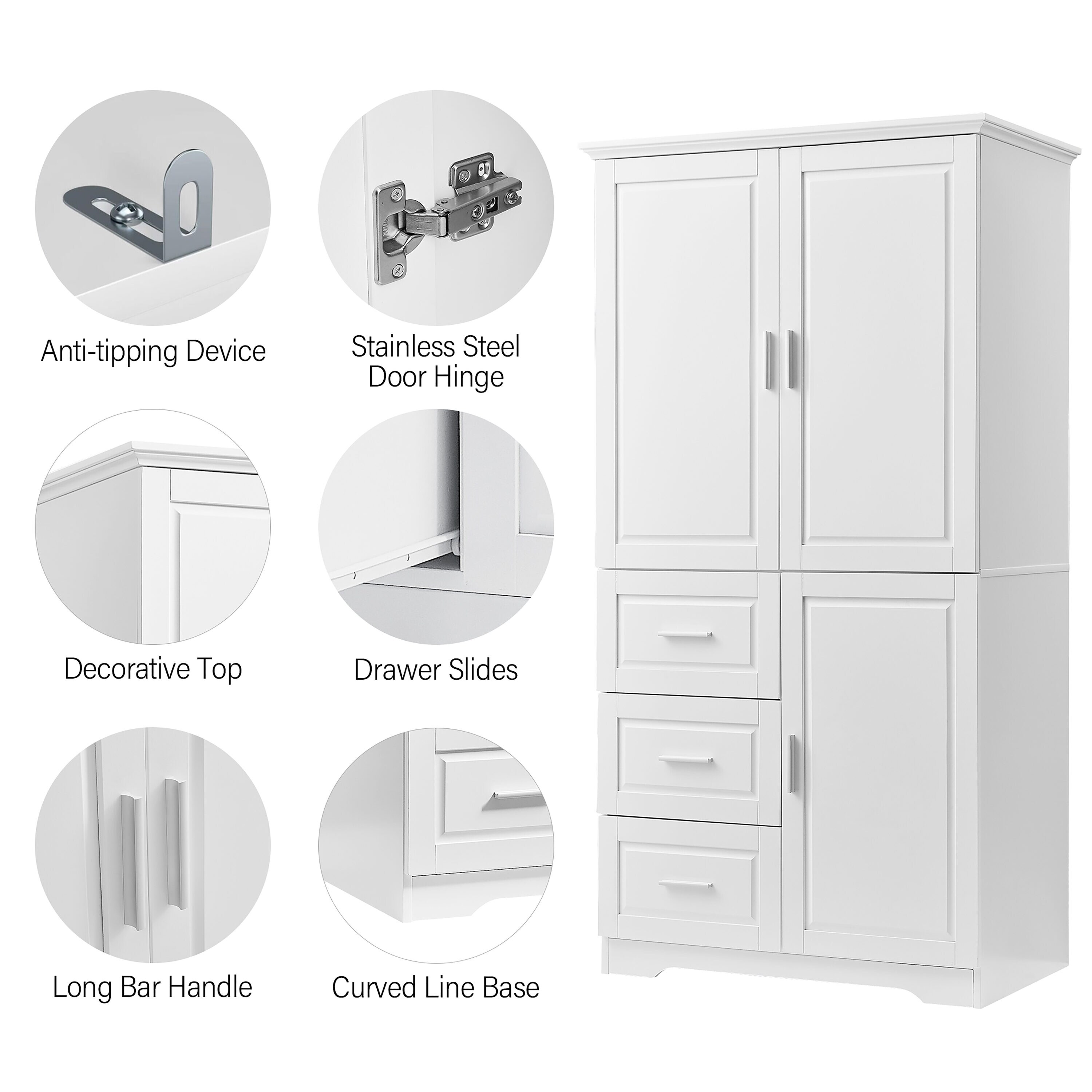 Gabinete de almacenamiento utilitario de montaje en pared de 19.6 pulgadas de ancho x 62.2 pulgadas de alto de compuesto de madera blanco ModernLuxe L-WF299285AAK