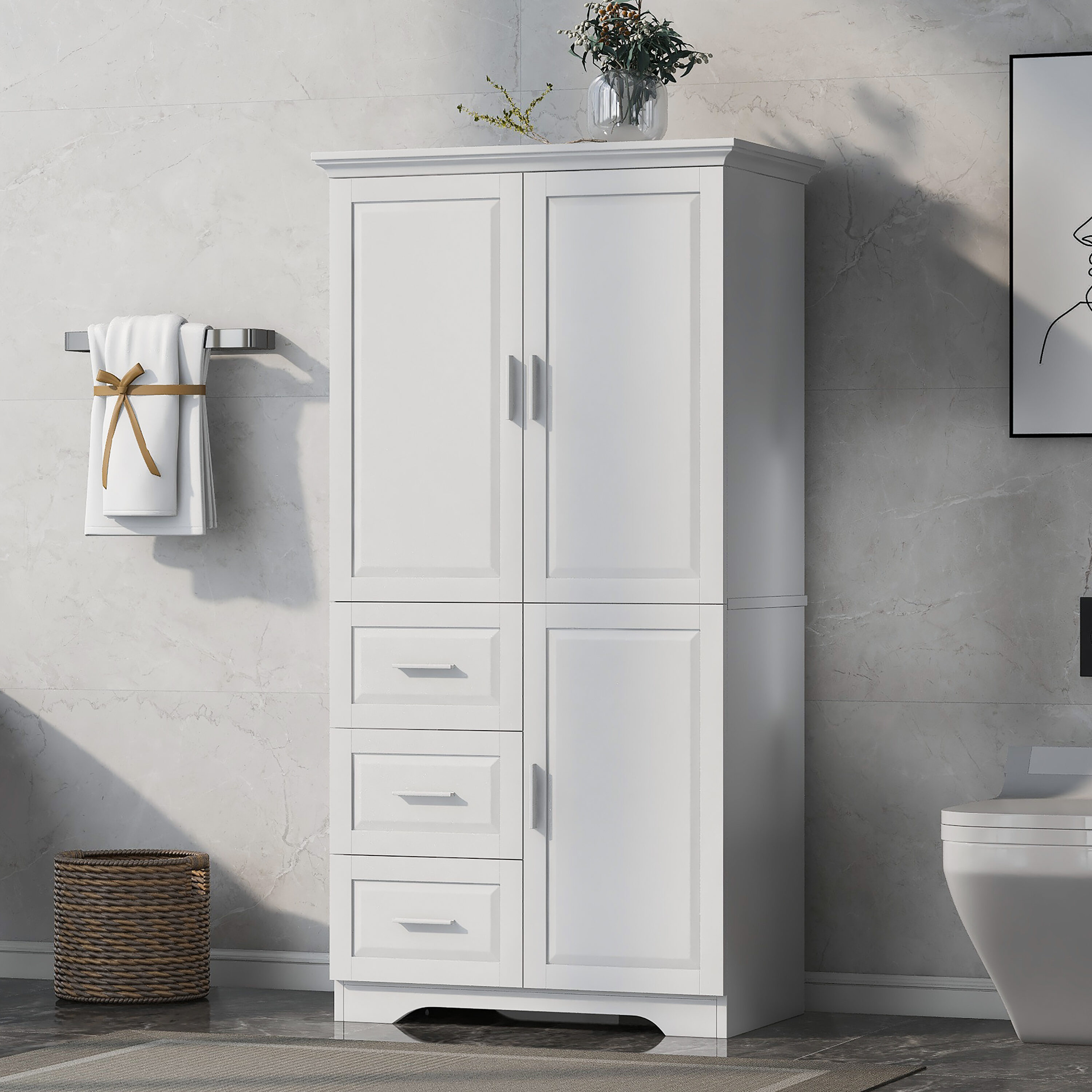 Gabinete de almacenamiento utilitario de montaje en pared de 19.6 pulgadas de ancho x 62.2 pulgadas de alto de compuesto de madera blanco ModernLuxe L-WF299285AAK