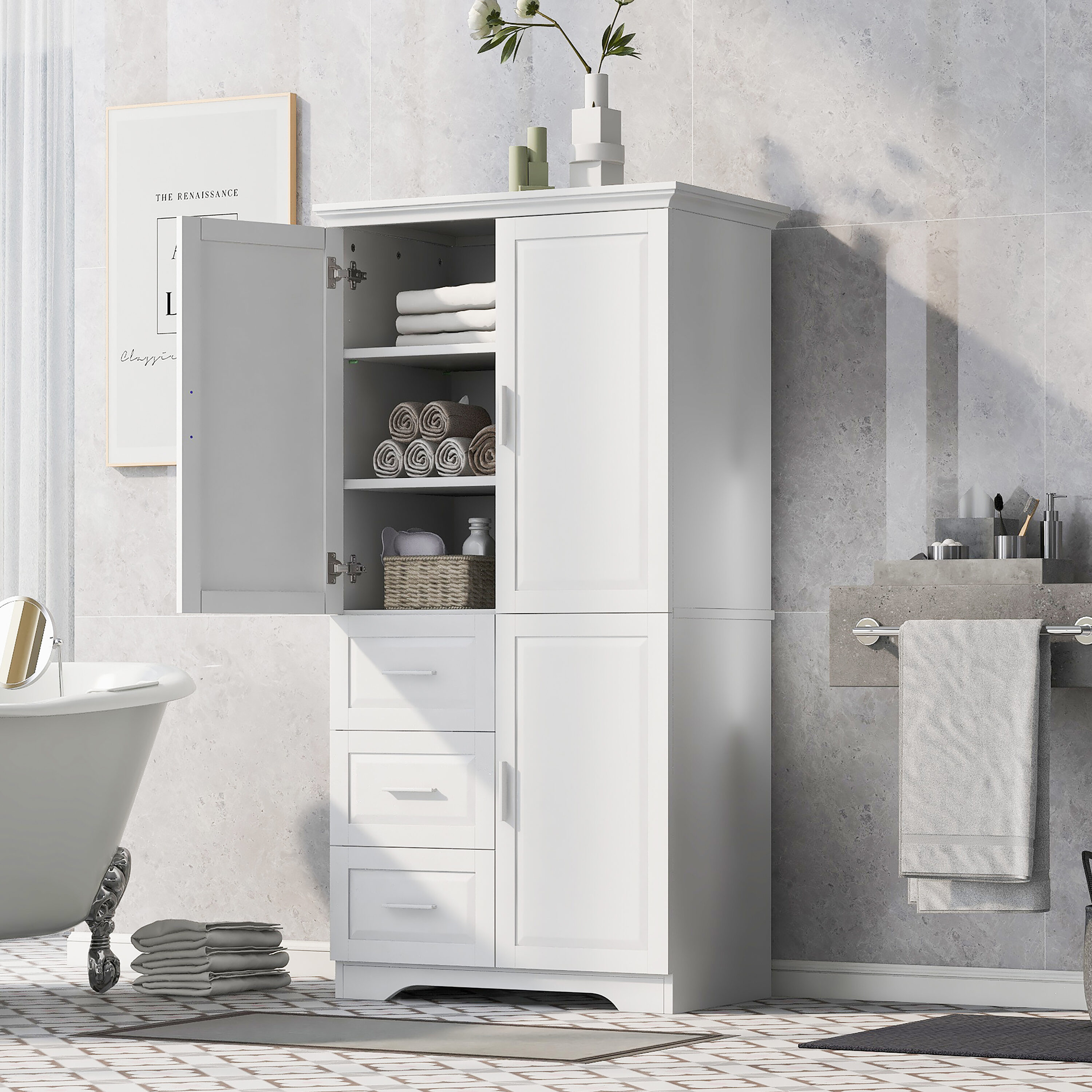 Gabinete de almacenamiento utilitario de montaje en pared de 19.6 pulgadas de ancho x 62.2 pulgadas de alto de compuesto de madera blanco ModernLuxe L-WF299285AAK