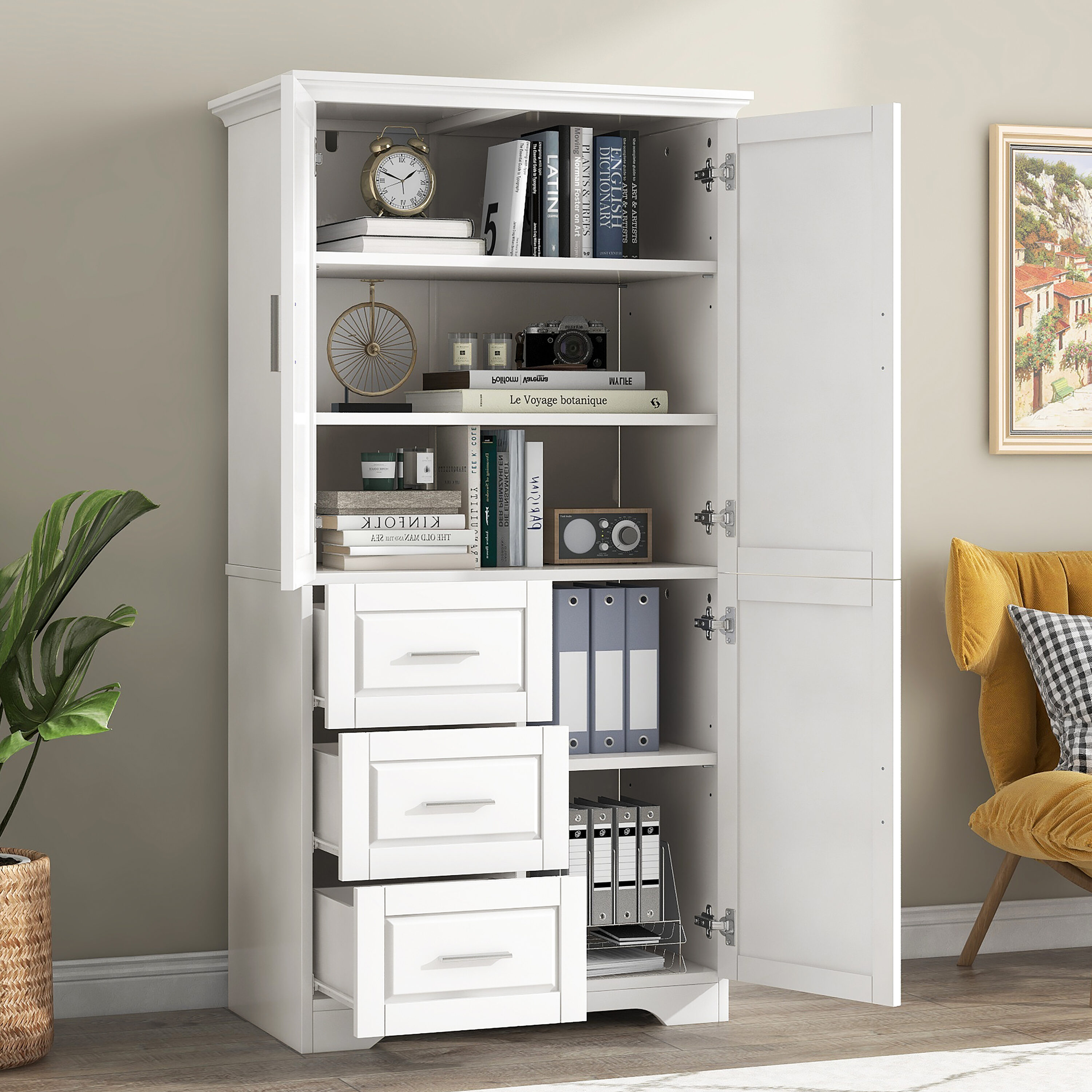 Gabinete de almacenamiento utilitario de montaje en pared de 19.6 pulgadas de ancho x 62.2 pulgadas de alto de compuesto de madera blanco ModernLuxe L-WF299285AAK